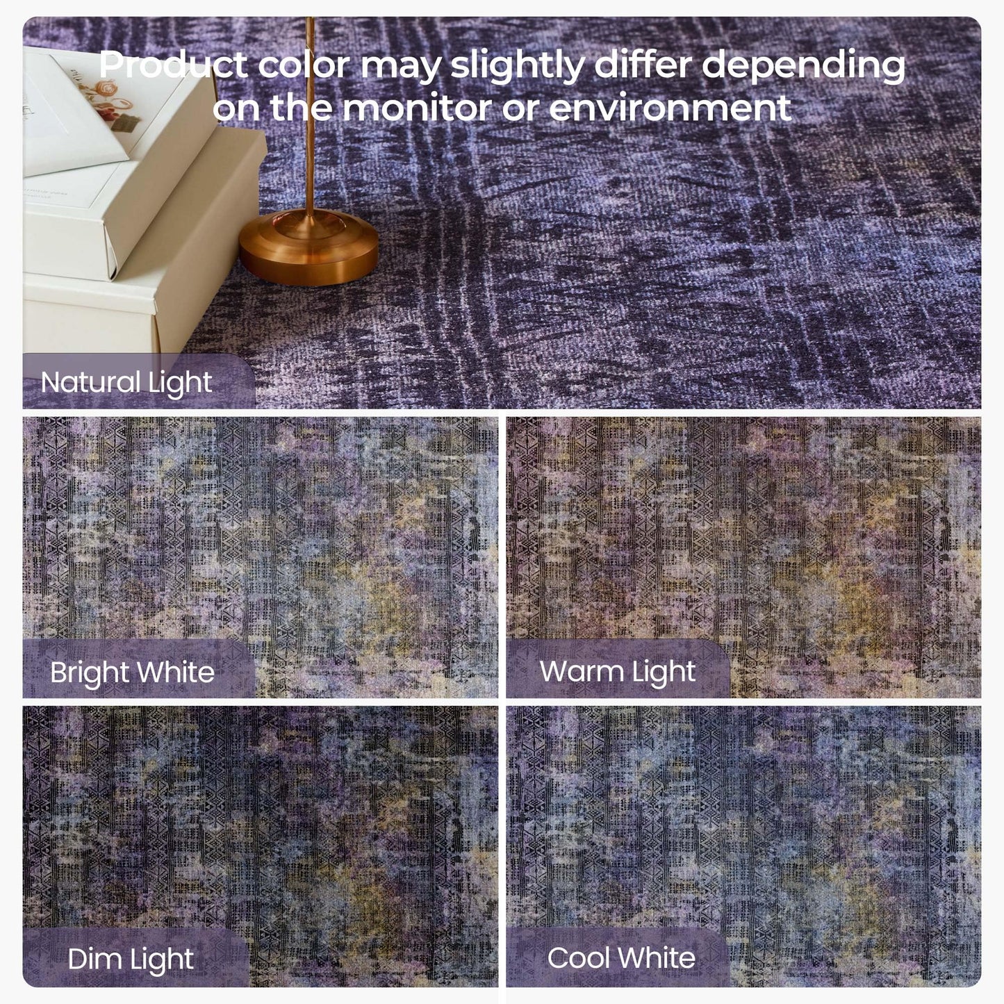 Kokia Abstract Area Rugs Washable Indoor 6x9 Rug Boho Distressed Retro Low Pile Non-Slip Non-Shedding Black Purple Carpet Bedroom Living Room Dining Room, Violet and Slate Blue