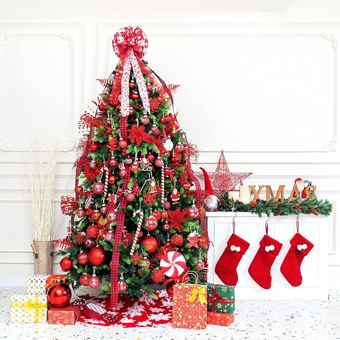 XmasExp 32ct Christmas Ball Ornaments Set -Red Clear Plastic Shatterproof Xmas Tree Ball Decorations Hanging Baubles for Holiday Decor