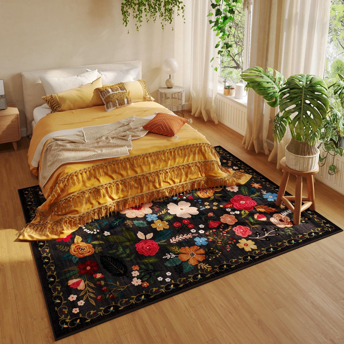 Rugcomf Living Room Rug 6x9 Rug Machine Washable Boho Area Rug Non Slip Floral Vintage Low Pile Large Rug for Living Room, Bedroom, Farmhouse, Dining Room, Kids Playroom(Black)