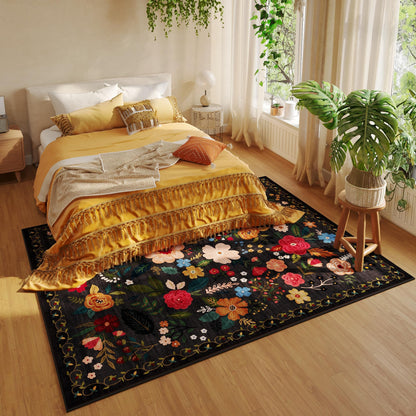 Rugcomf Living Room Rug 6x9 Rug Machine Washable Boho Area Rug Non Slip Floral Vintage Low Pile Large Rug for Living Room, Bedroom, Farmhouse, Dining Room, Kids Playroom(Black)