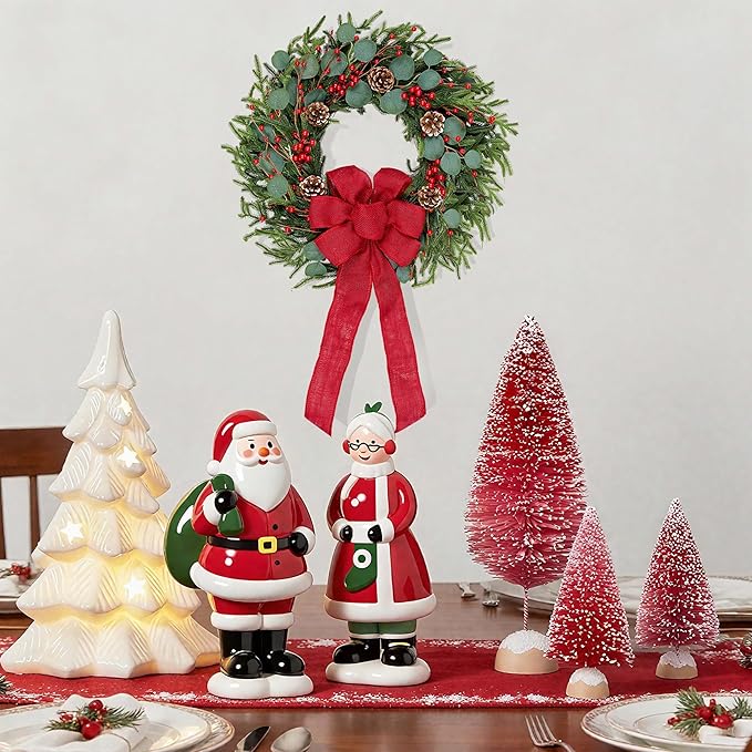 Artificial Christmas Wreath 24Inch Christmas Wreaths for Front Door Norfolk Pine Wreath with Eucalyptus Leaves Red Berries Pine Cones Red Bow for Wall Indoor Outdoor Winter Xmas Decoration