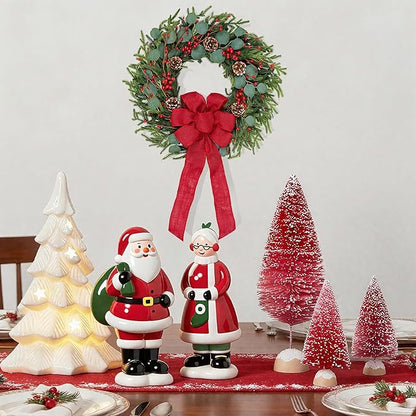 Artificial Christmas Wreath 24Inch Christmas Wreaths for Front Door Norfolk Pine Wreath with Eucalyptus Leaves Red Berries Pine Cones Red Bow for Wall Indoor Outdoor Winter Xmas Decoration