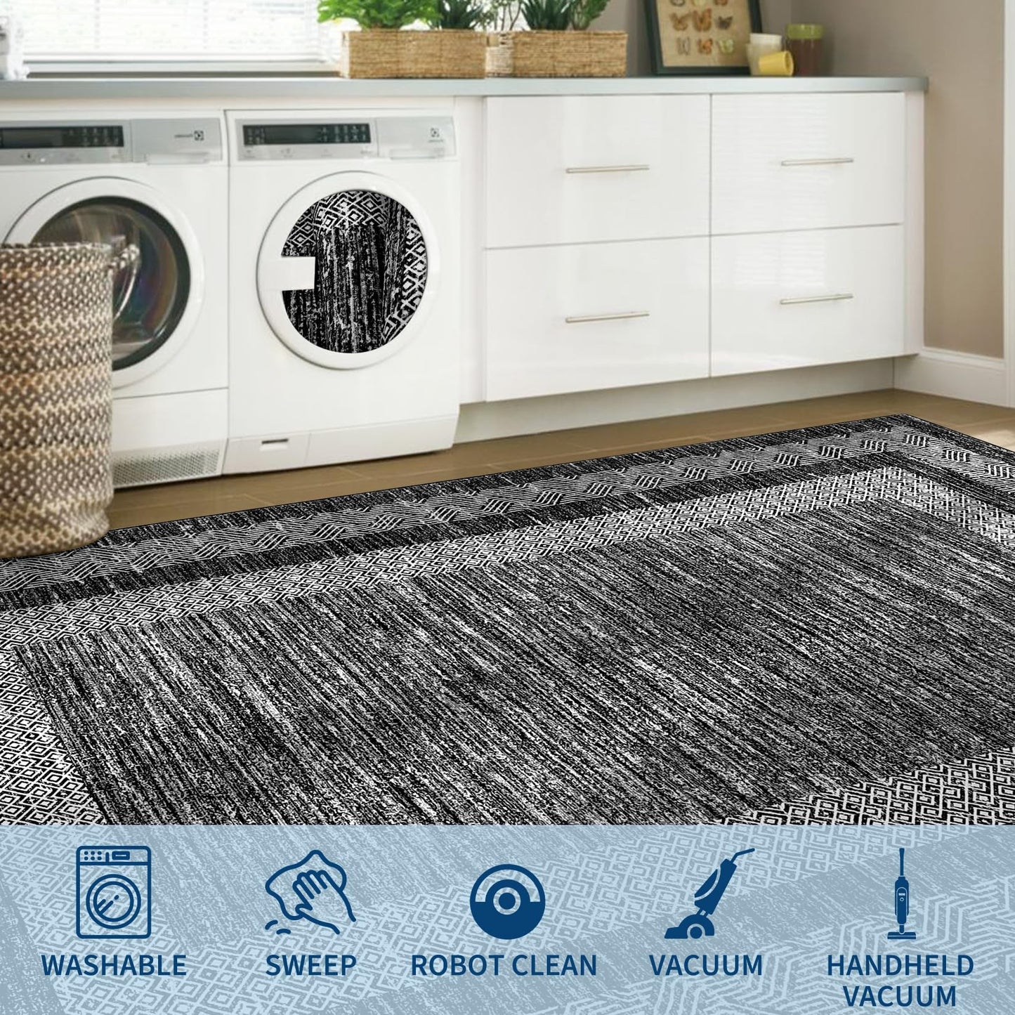 GarveeHome Area Rug 8x10 Modern Geometric Living Room Rug Non Slip, Thin Washable Carpet, Soft Non Shedding Foldable Floor Covering, Low Pile Thin Printed Mats for Bedroom Office, Black