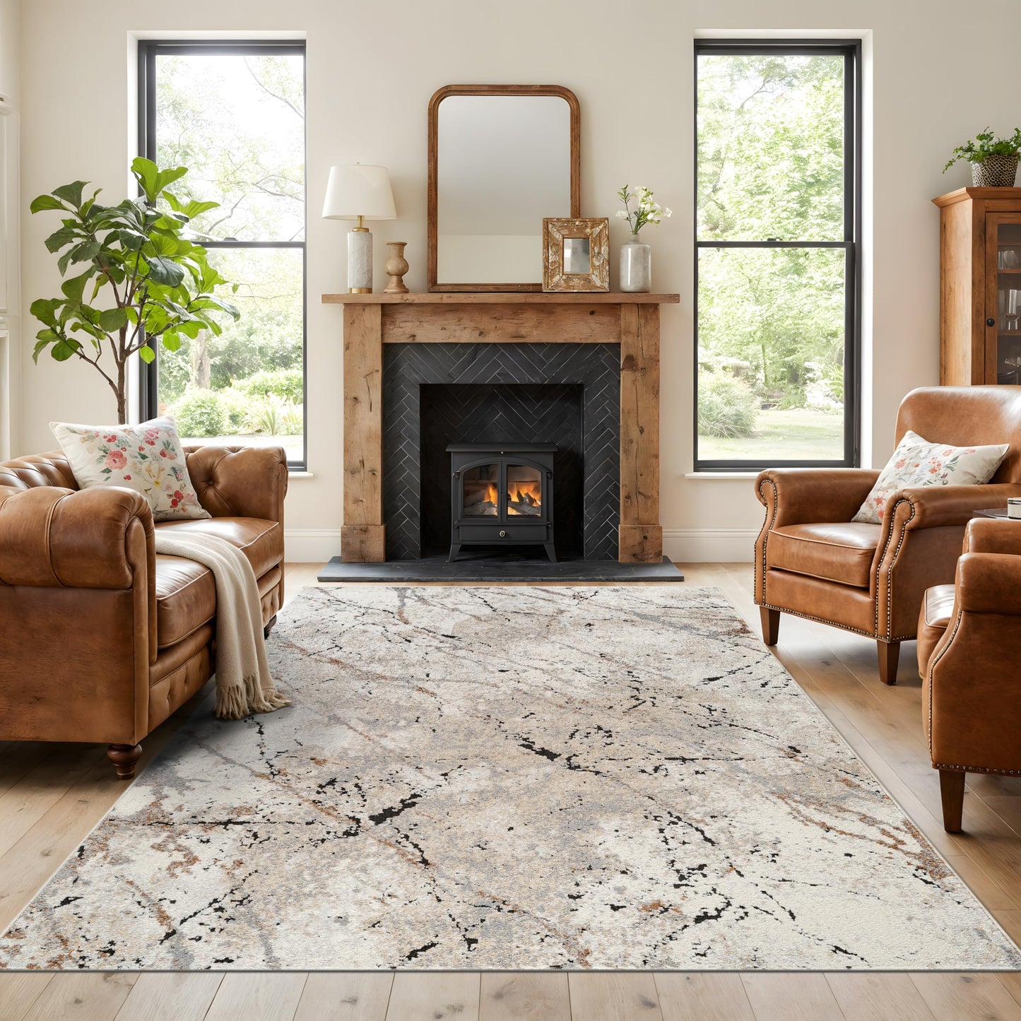 Rugshop Drifted Marble Abstract Area Rug Durable, Kid & Pet Friendly Gray, Ivory, Neutral Tones 6' 6" x 9' Great for Under Dining Sets, Large Bedrooms, or Home Offices