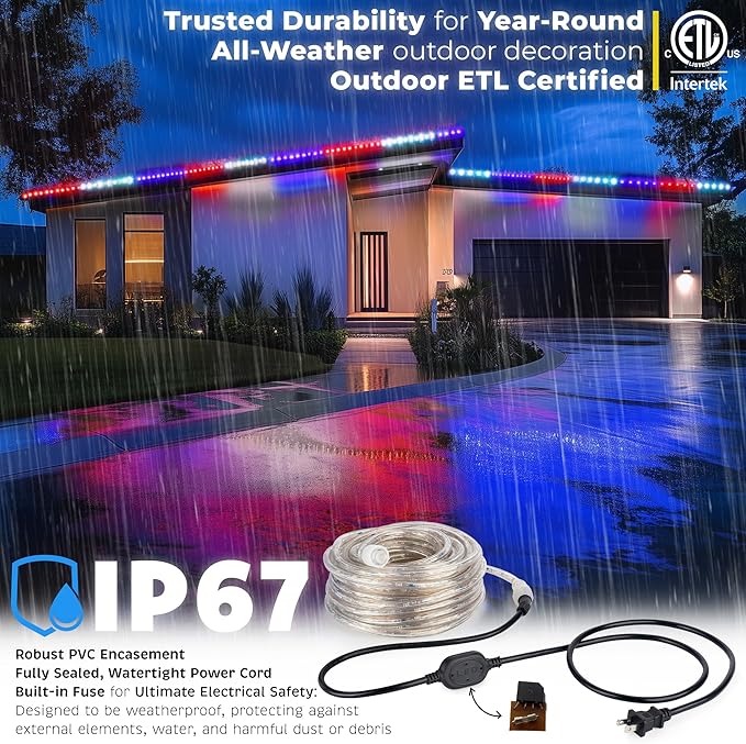 WYZworks 1116LEDs 100ft LED USA Patriotic American Red White Blue Outside Rope Lights, Outdoor ETL Certified Waterproof Permanent 360 Degree Light, Flexible Tube, Connectable, Palm Tree Exterior