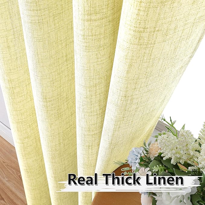 Tollpiz Linen Curtains Bedroom Rod Pocket Semi Sheer Curtain Burlap Light Filtering Thick Linen Drapes for Living Room, 54 x 84 inches Long, Cream Yellow, Set of 2 Panels