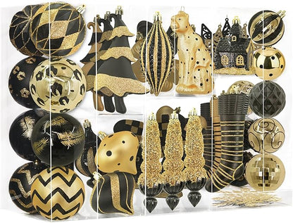 SHareconn 145pcs Christmas Balls Ornaments Set, Shatterproof Plastic Baubles Snowflakes, Xmas Tree Holiday Wedding Party Decorations with Hanging Strings, Gold and Black