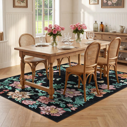 IDEALHOUSE Washable Area Rug, Soft Pearl Velvet Carpet, Non Slip Low Pile, Stain Resistance, Machine Washable Foldable Rug, Floral Pattern Modern, for Living Room, Bedroom, Dining Room, Black