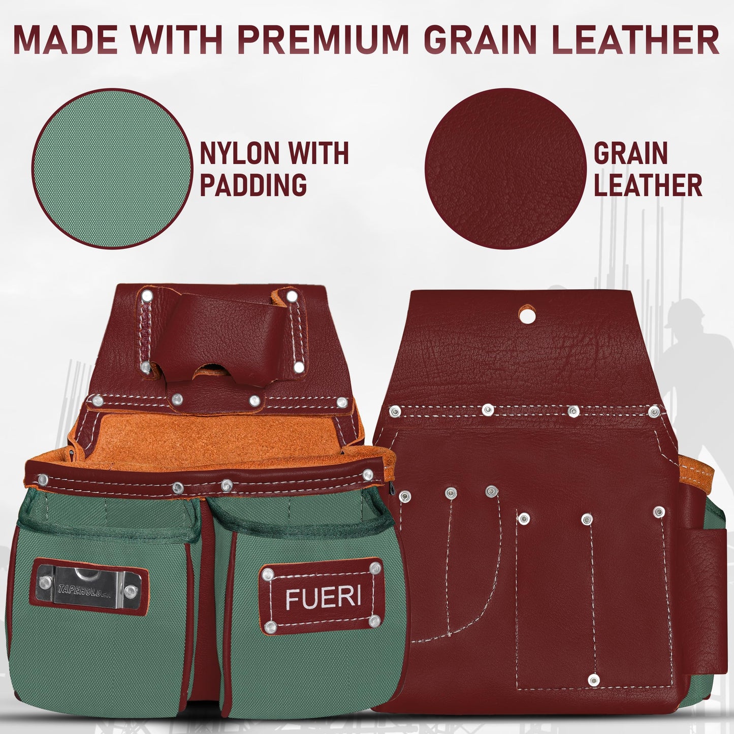 FUERI Electrician's Heavy Duty Tool Belt with Suspender, Made of Thick Leather and Durable Nylon, Comes with Adjustable Padded Tool Belt, Storage Capacity Tool Pouches, Hammer Holder, And Loops.
