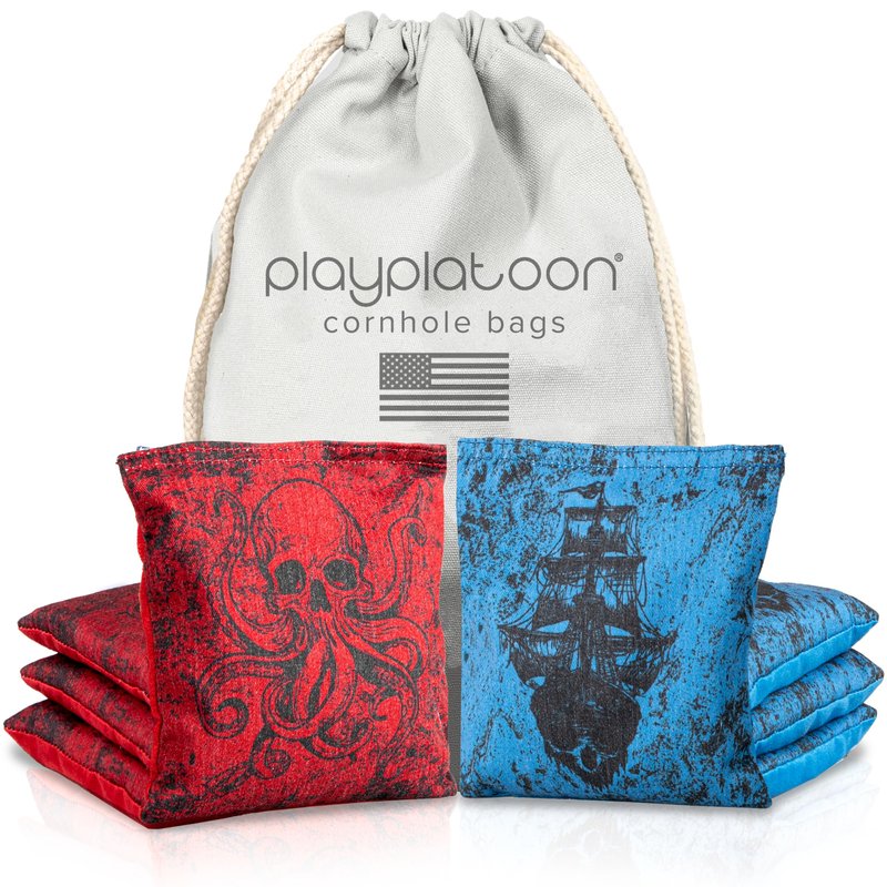 Play Platoon Professional Cornhole Bags Set of 8 - Regulation All Weather Double Sided Pro Corn Hole Bags - Sticky Side/Slick Side for Pro Cornhole Game - Red/Blue Kraken Pirate