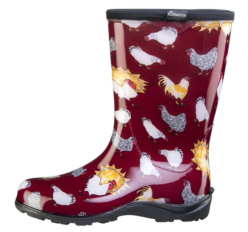 Sloggers Waterproof Garden Rain Boots for Women - Cute Mid-Calf Mud & Muck Boots with Premium Comfort Support Insole, (Chickens Barn Red), (Size 10) - Made in USA with US and Imported Parts