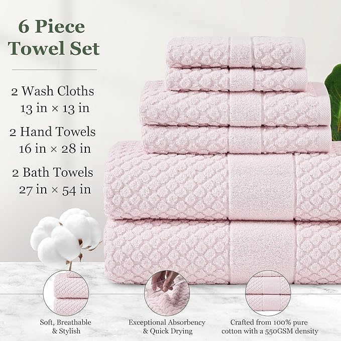 Simple&Opulence 6 Piece Luxury Towel Set, 100% Cotton Bathroom Towels