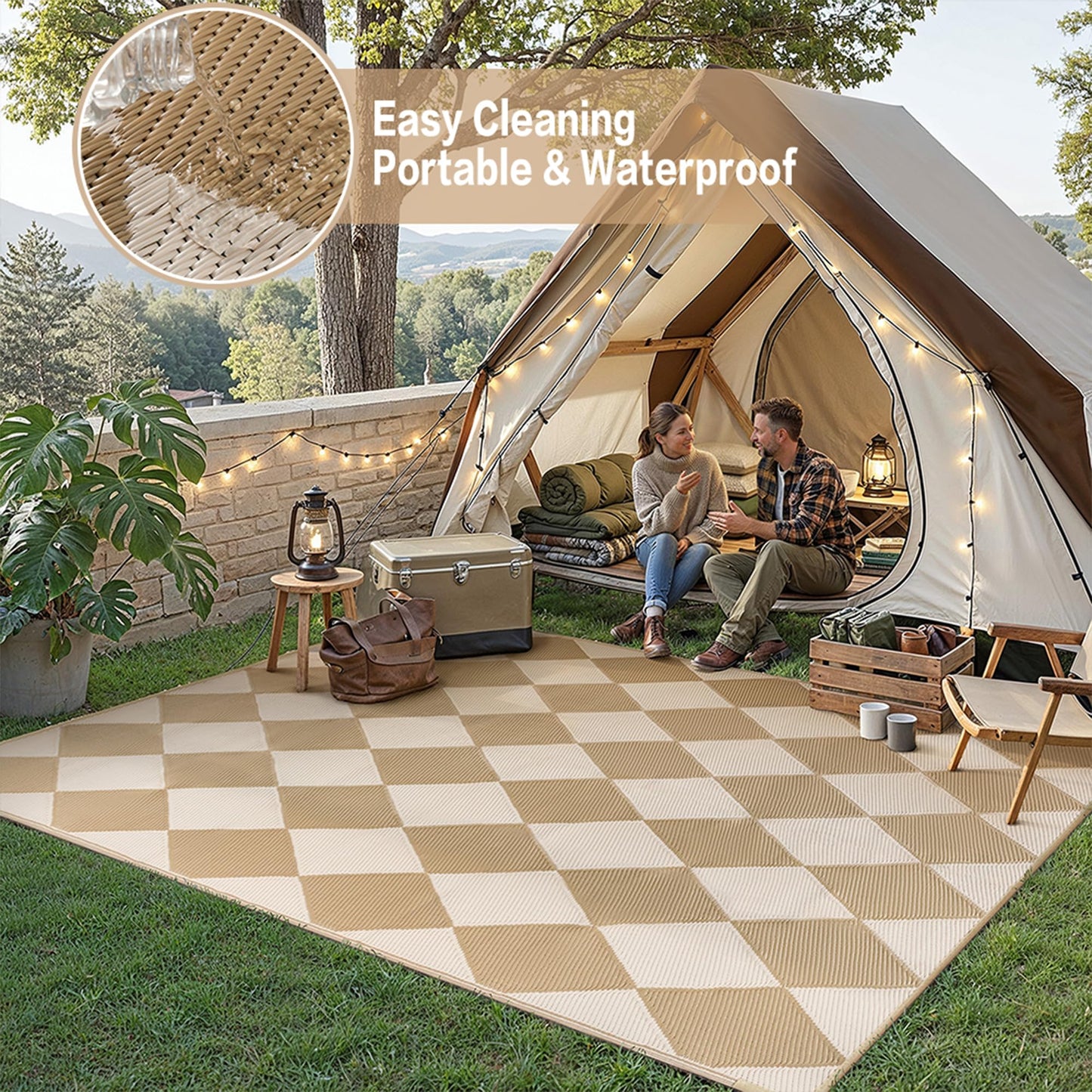 WondRg Outdoor Plastic Checkered Rug Waterproof Patio 8x10 Beige Brown Diamond Geometry Mat for Porch Camping RV Balcony Deck Courtyard Reversible Lightweight Durable Portable