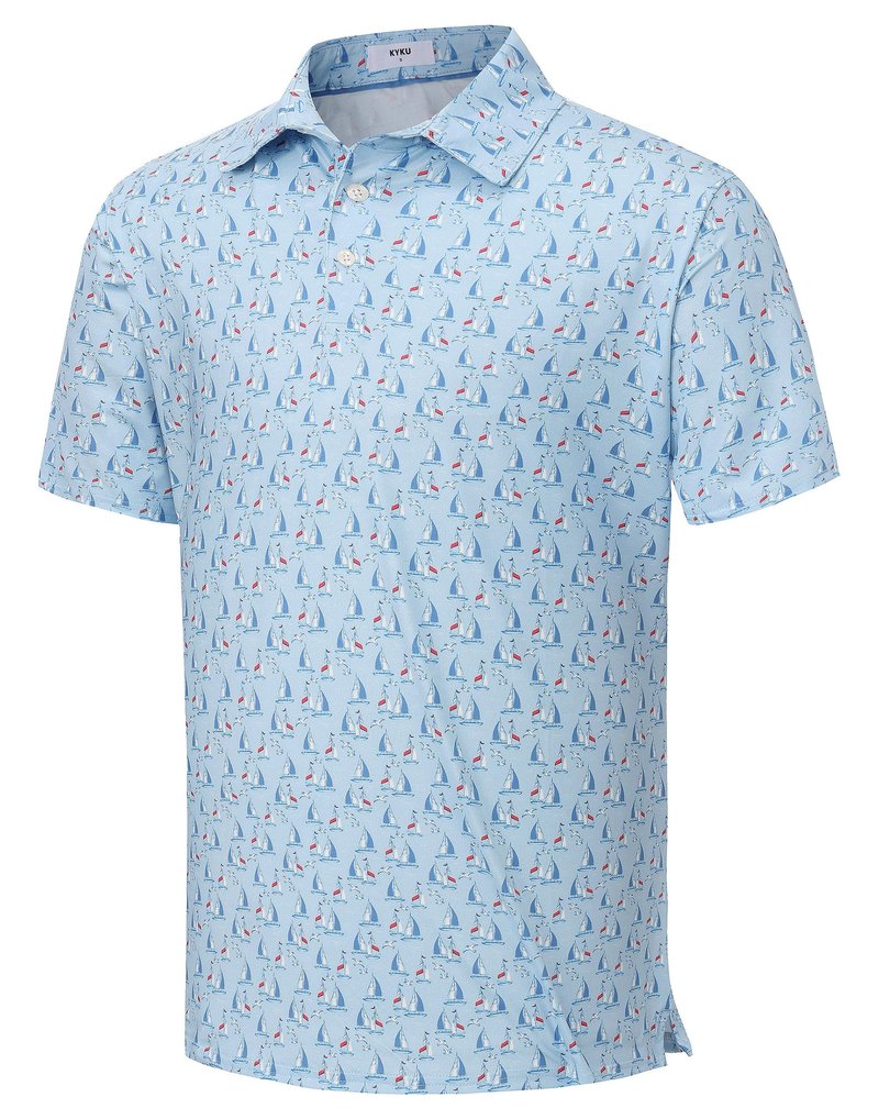 KYKU Mens Golf Polo Shirts Short Sleeve Dry Fit Performance Moisture Wicking Casual Print Collared Golf Shirts for Men Sky Blue Sailboat L