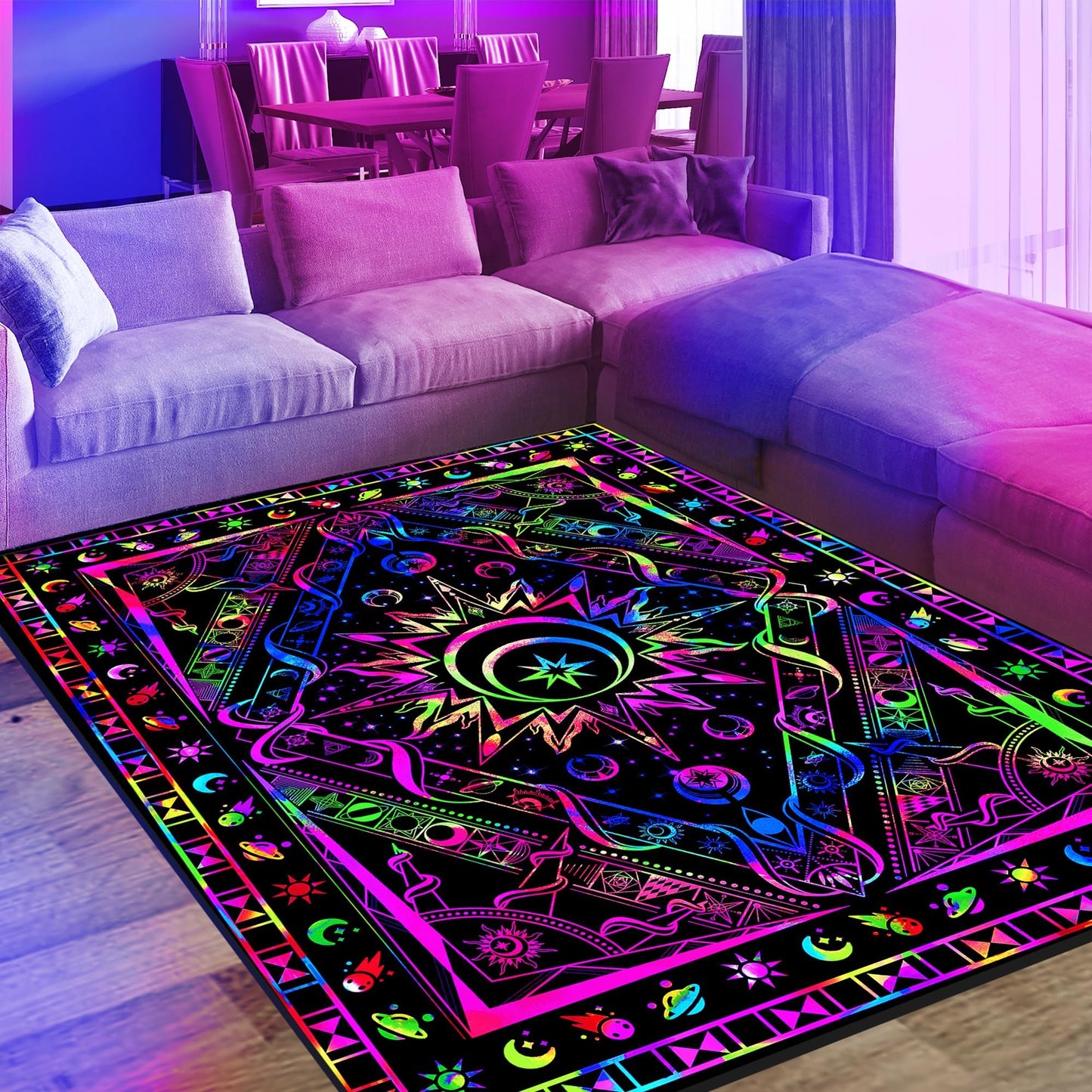 EISKBC Blacklight Burning Sun Area Rug, Neon UV Reactive Celestial Moon Star Planet Throw Rug, Non-Slip Fluorescent Boho Hippie Floor Mat Carpet, Glow in The Dark Bedroom Home Decor 70x47inch