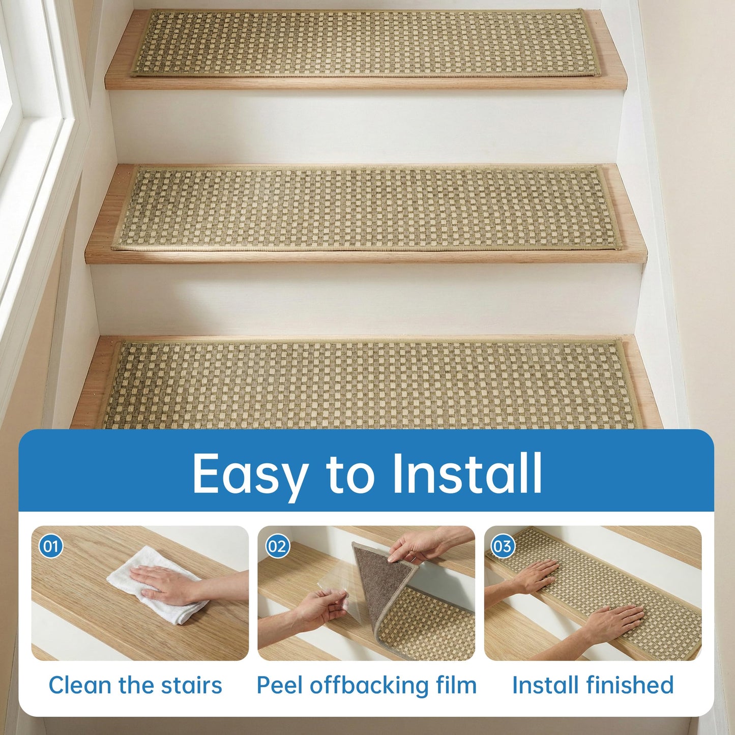 WELINHOME Chenille Stair Treads for Wooden Steps 8"x30" (15 Pack), Ultra Soft Non-Slip Carpet Stair Runners Indoor, Peel and Stick Self-Adhesive Step Rugs for Kids & Dogs, Machine Washable, Beige