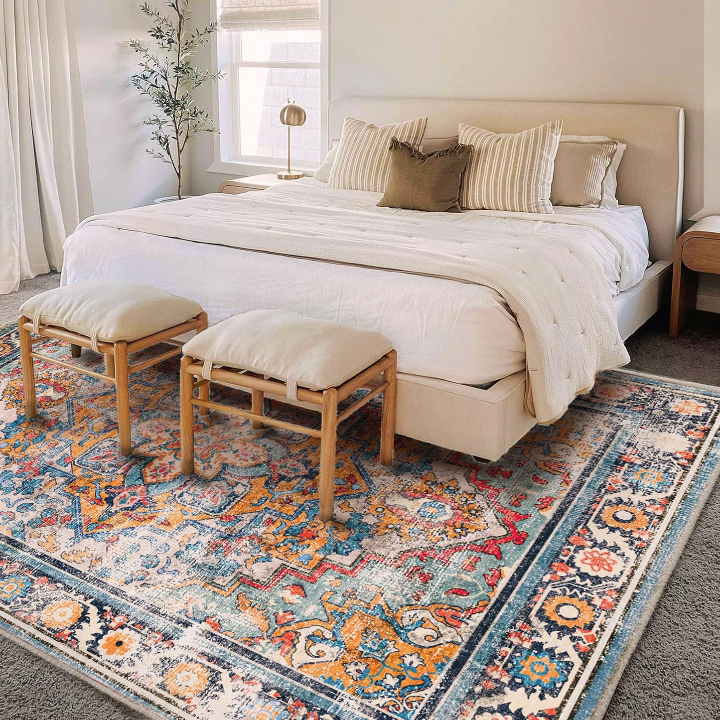 CHAMPLANT Washable Area Rug 9'x12' Boho Chic Medallion Distressed Design Non-Shedding Easy Care Ideal for High Traffic Areas in Living Room Bedroom Office Coffee Table Large Carpet