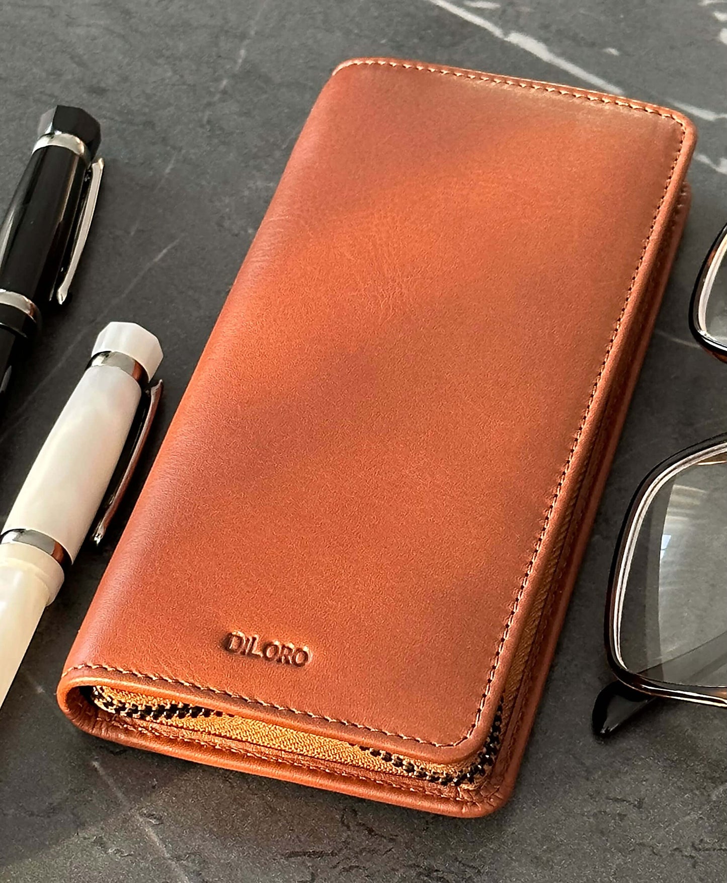 DiLoro Leather Zippered Triple or Quad Pen Case Pencil Pouch Holder for Three or Four Fountain Ballpoint Rollerball Pens or Glasses (Nappa Bugatti)