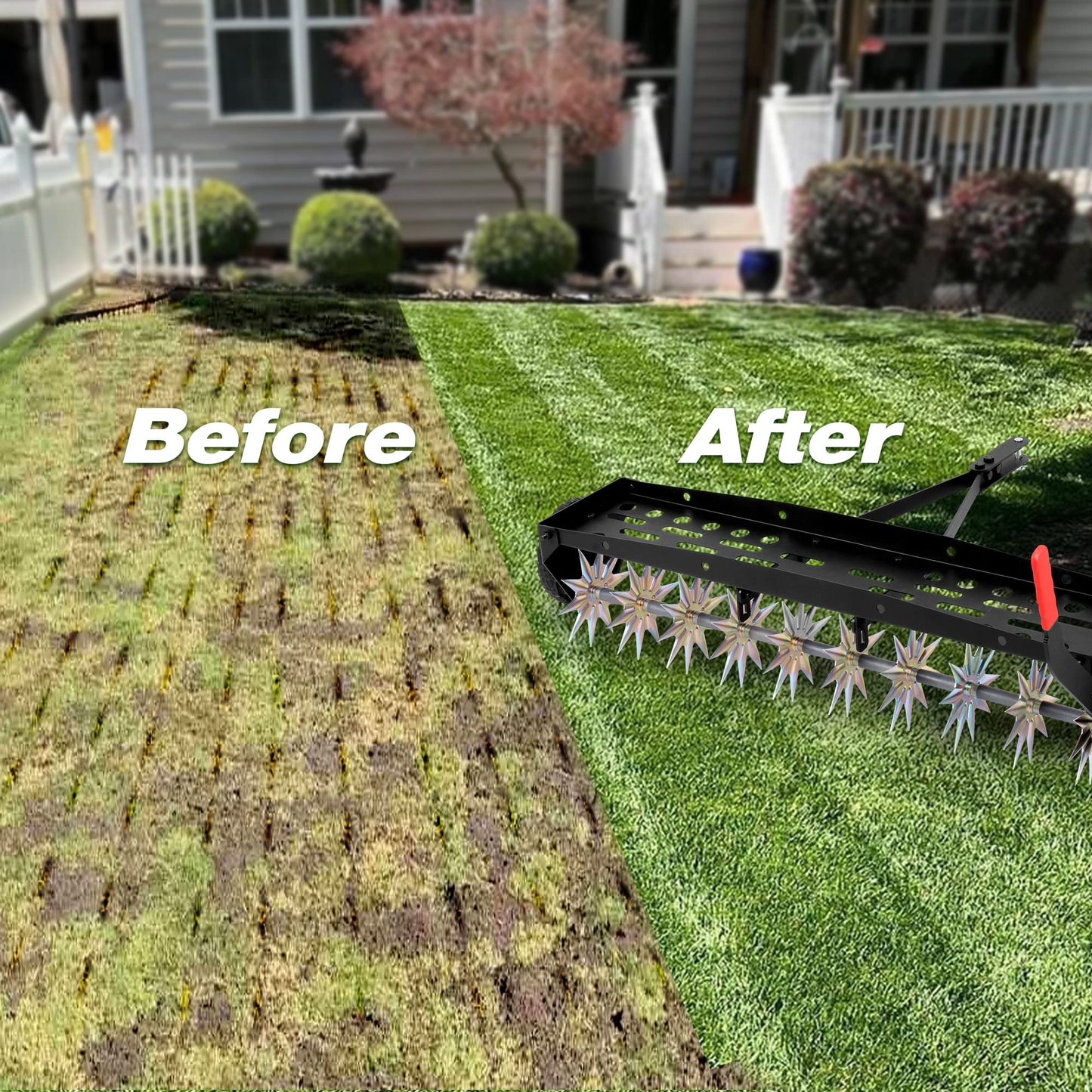Suchtale 40-Inch Tow Behind Spike Aerator with Galvanized Steel Tines, Durable Lawn Aerator Soil Penetrator Spikes Tractor with Extra-Wide Tow Bar for Lawn and Farm, Black