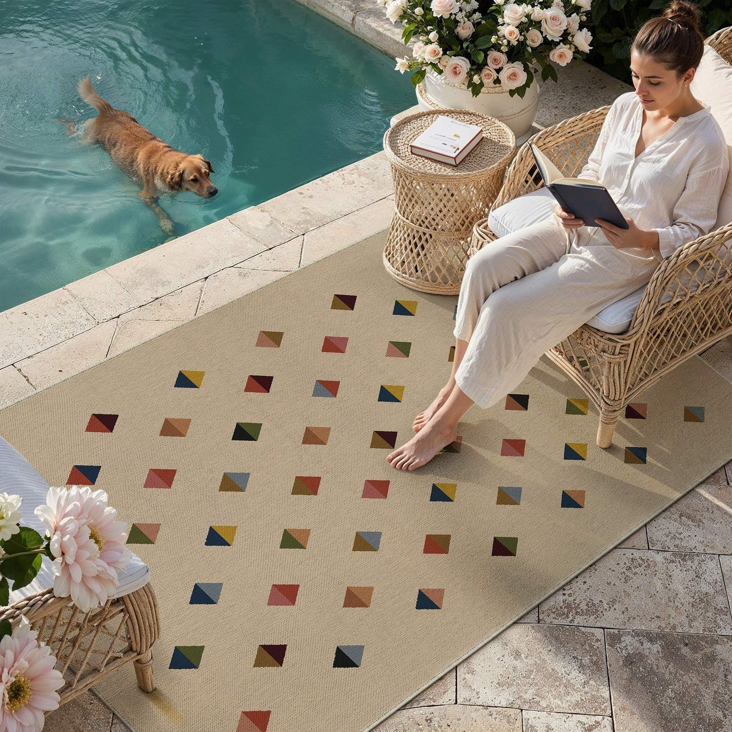 HUGEAR 3x5 Jute Outdoor Indoor Checkered Rug Washable Linen Textured Weave High Traffic Stain Resistant Non Slip Durable Carpet for Patio Deck Balcony Courtyard (Rainbow, 3' x 5')