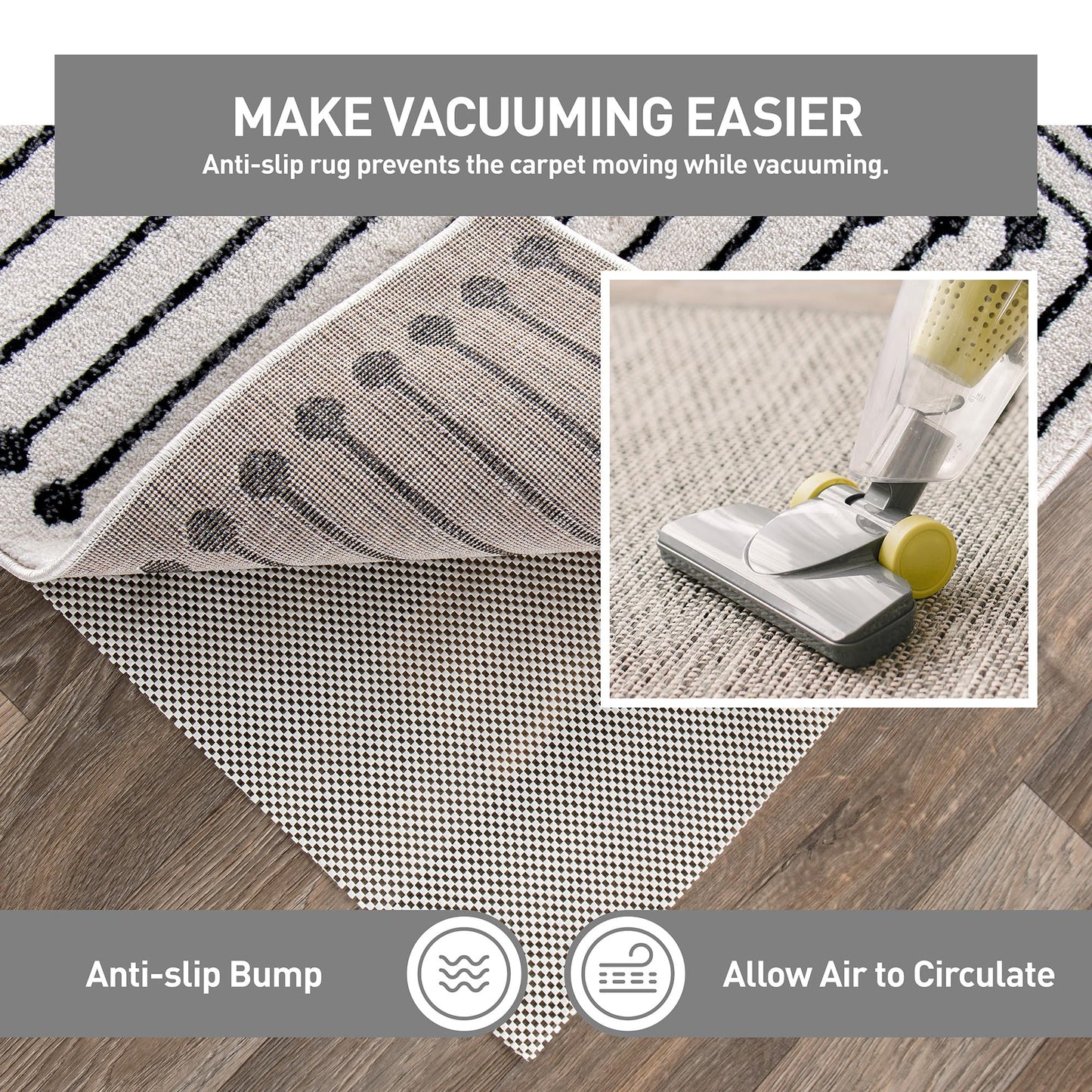Rugshop Cushioned Extra Thick Rug Pad Gripper for Hardwood Floors, Under Carpet Anti Skid Pad, Non Slip Rug Pads for Area Rugs 2'5" x 9' Cream