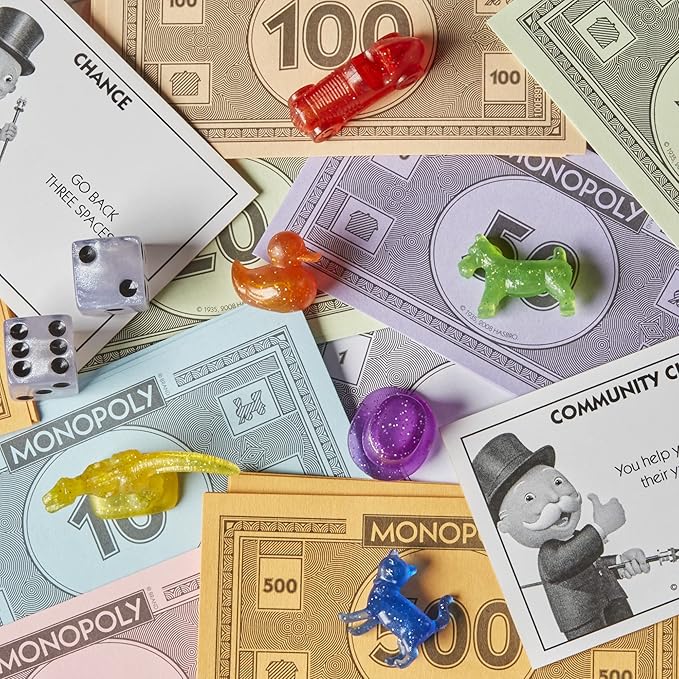Hasbro Gaming Monopoly Sparkle Edition Board Game Family Games with Glittery Tokens Pearlescent Dice Sparkly Look (Amazon Exclusive)