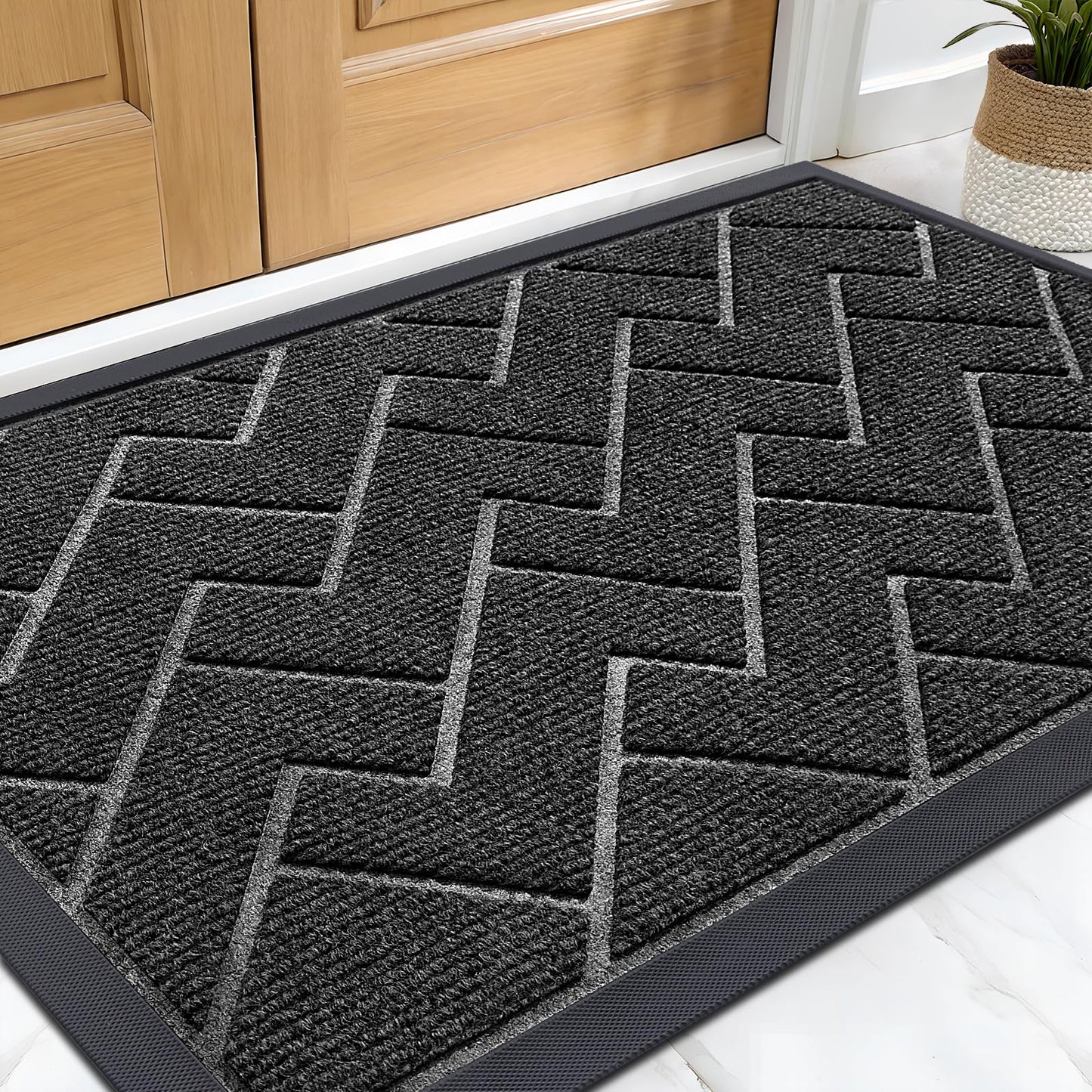 OLANLY Front Door Mat Indoor Outdoor Entrance, Welcome Door Mat and Waterproof All-Weather All-Season Doormat Size 47x32 in Black, 2 Item Bundle