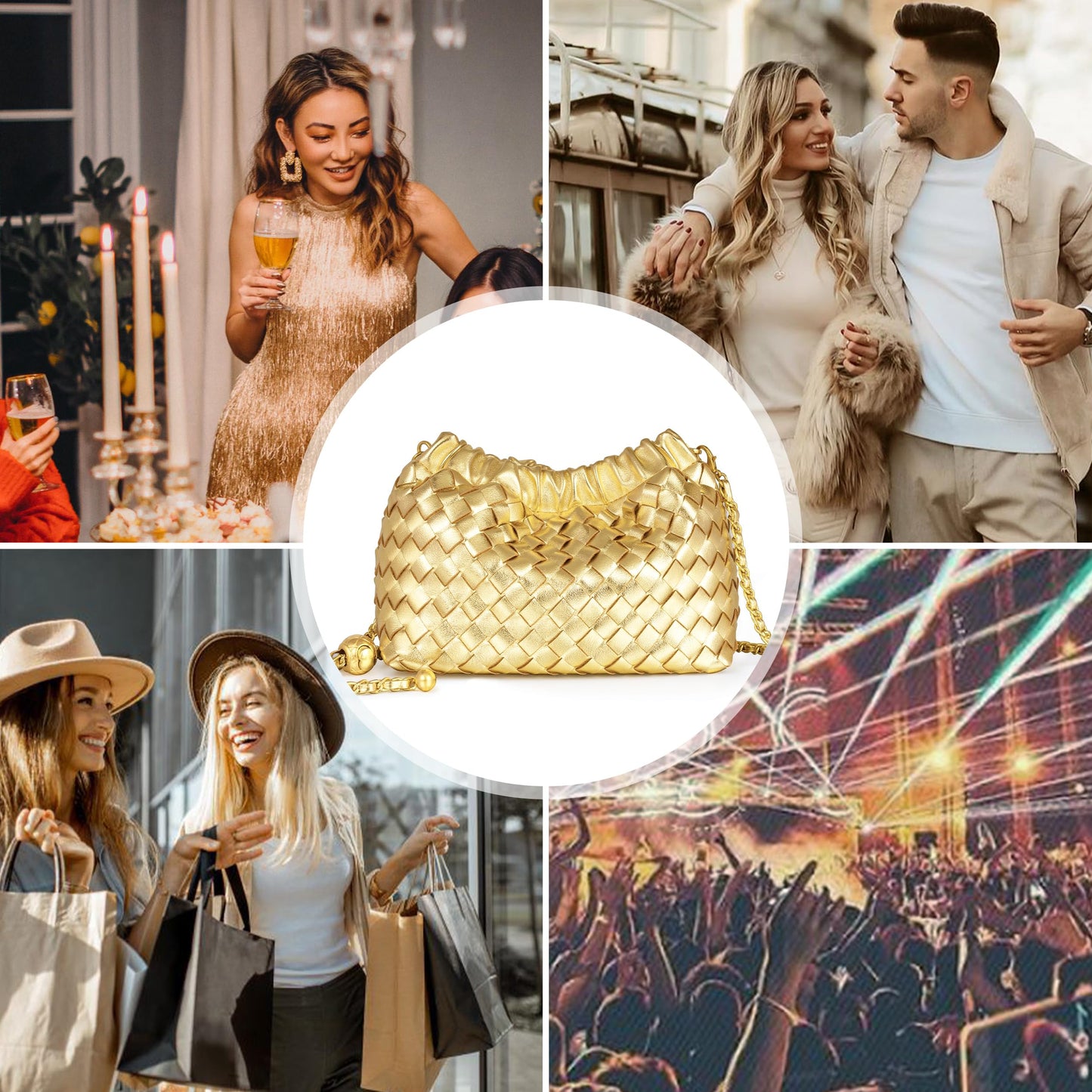 Joryin Woven Women's Crossbody Bag & Evening Purse, Trendy Dumpling Clutch & Hobo Cloud Shoulder Bag Trendy Dumpling Clutch Vegan Leather, Golden