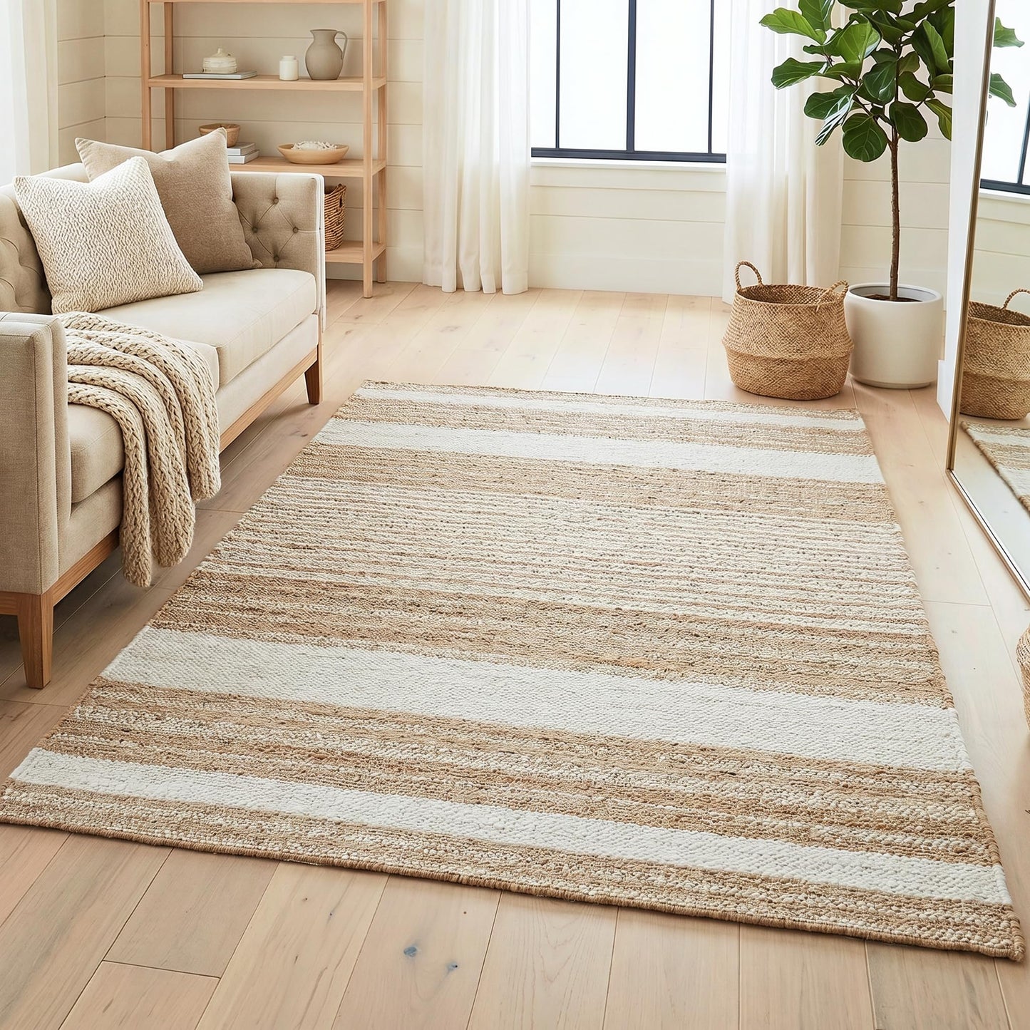 Homespice Reva Handwoven Jute Rug 4x6' - Dense & Thick Premium Handmade Natural Fibre Rugs for Bedroom and Office, Lays Flat, Won't Fray or Shed, Natural Brown with White Stripes
