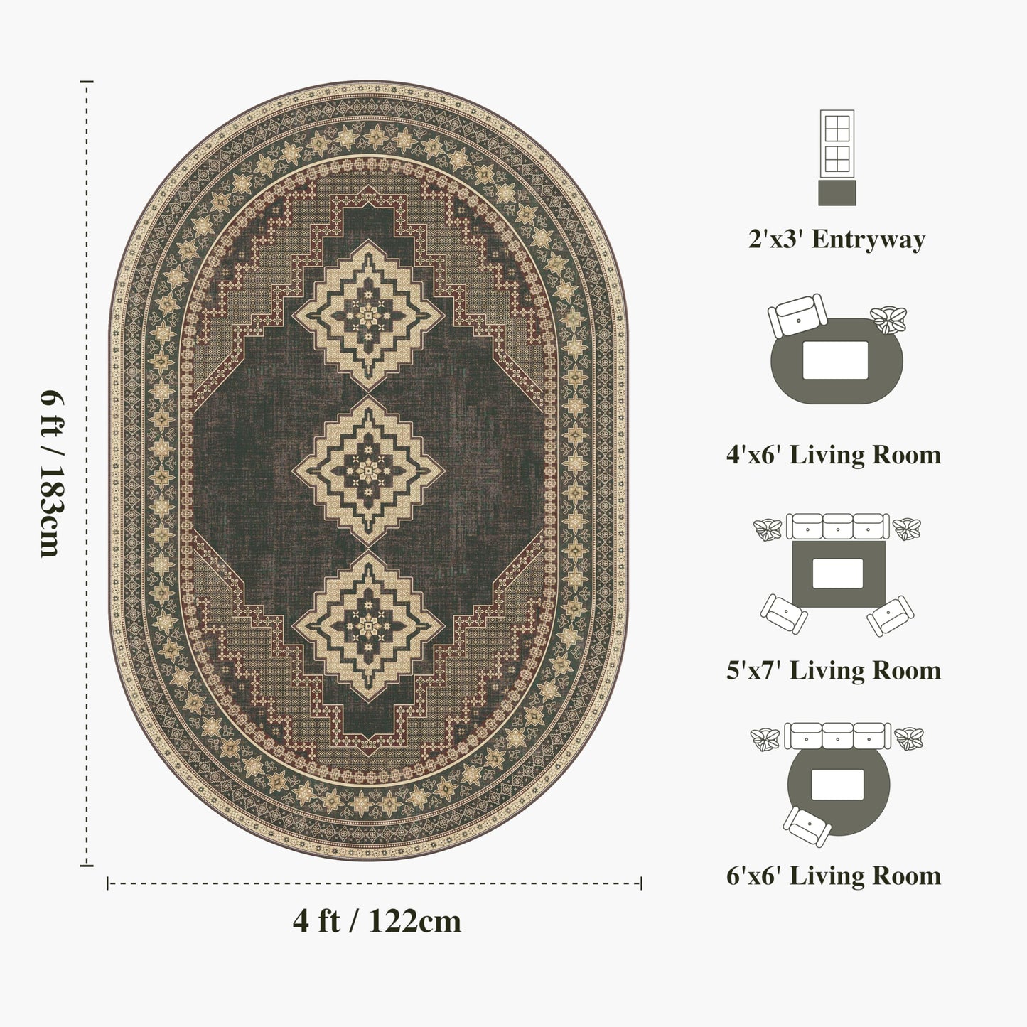 Clemile 4x6 Oval Rug - Washable Ultra-Thin Living Room Rug Non-Slip Vintage Carpets - Soft & Stain Resistant Rug for Kitchen Bedroom Living Room Forest Brown