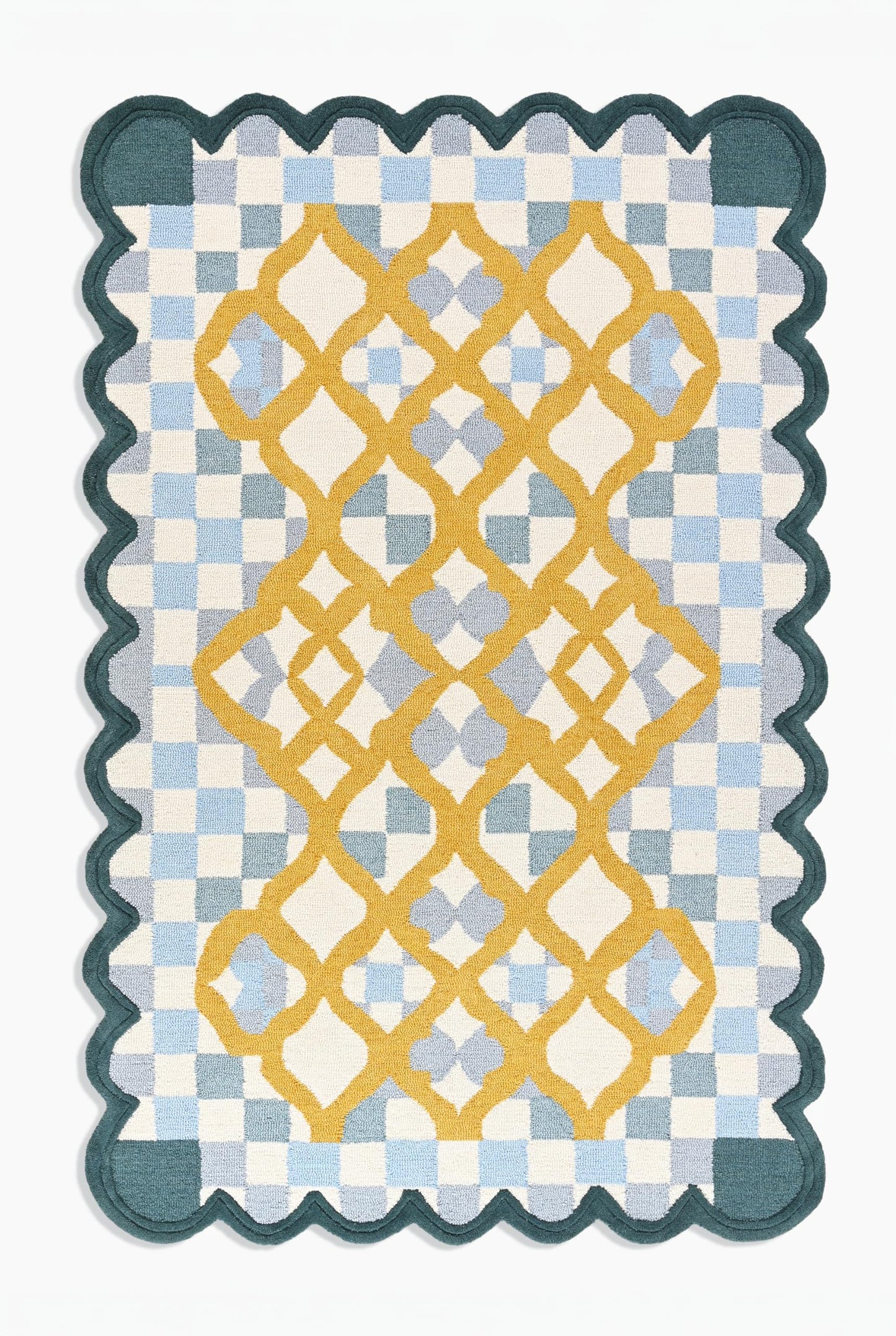 Hand-Tufted Wool Rug with Scalloped Edges | Checkered Light Blue Plaid Pattern Yellow Motif | Cozy Soft Area Rugs Carpet for Living Room, Bedroom, Nursery (Light Blue, Mustard Yellow, 6' x 9')