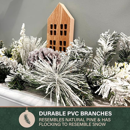 Fraser Hill Farm 6-Ft. Christmas Snow Flocked Garland with Pinecones Perfect for Door, Window, Wall, or Fireplace, Festive Holiday Decor