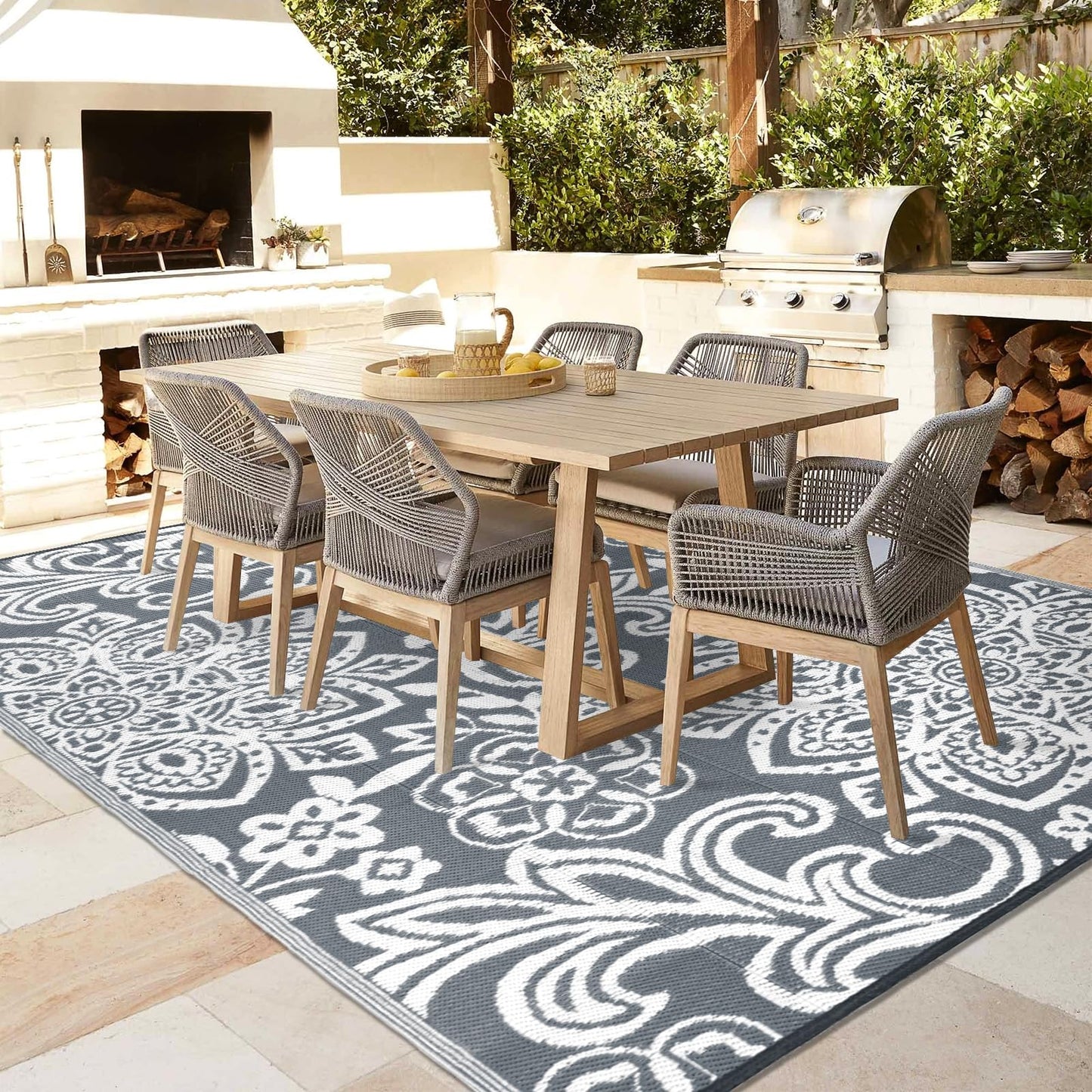 Findosom Waterproof Outdoor Rug 5' x 8' - Reversible Mandala Outdoor Plastic Straw Rug, Durable Foldable Patio Rug for RV, Deck, Balcony, Backyard, Picnic, Porch, Camping, Beach, Gray