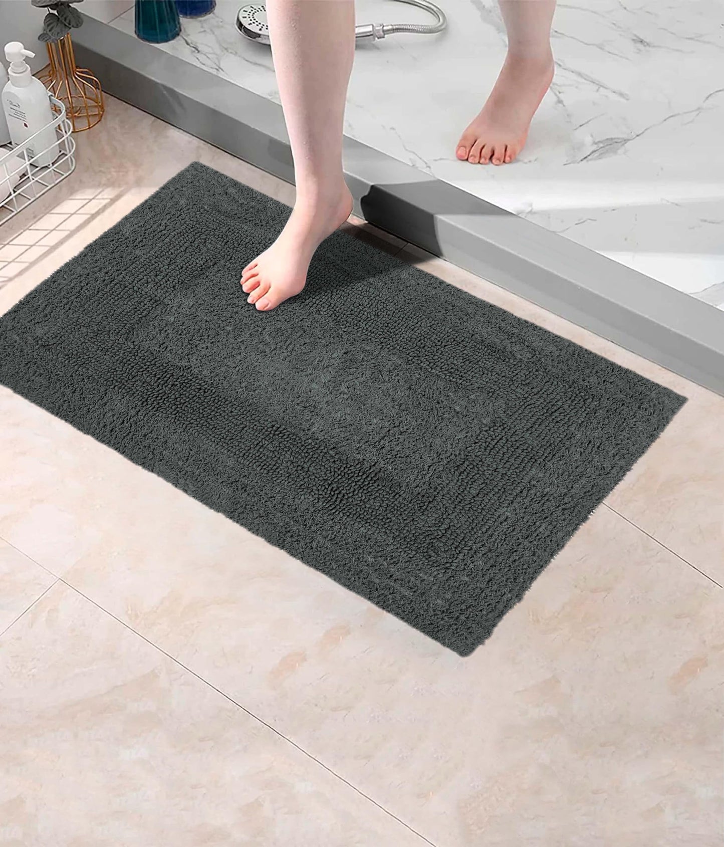 COTTON CRAFT Luxurious Bath Mat Rug - Set of 2 Reversible Heavyweight Step Out Bath Mats for Bathroom Floor, Tub and Shower - Pure Cotton Soft Plush Absorbent Hand Tufted Mat - 17 x 24 - Charcoal Grey