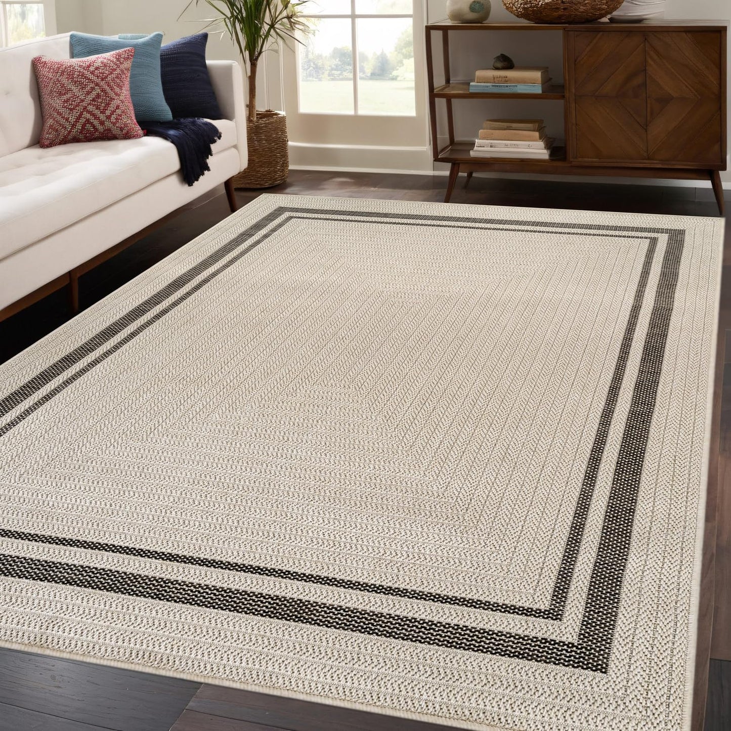 Beverly Rug Easy Jute Bordered Rug 8x10 Washable Durable Indoor Outdoor Area Rugs for Living Dining Room Patio Office Stain Resistant Non Shedding Casual Indoor Outside Carpet 8 x 10 Off-White