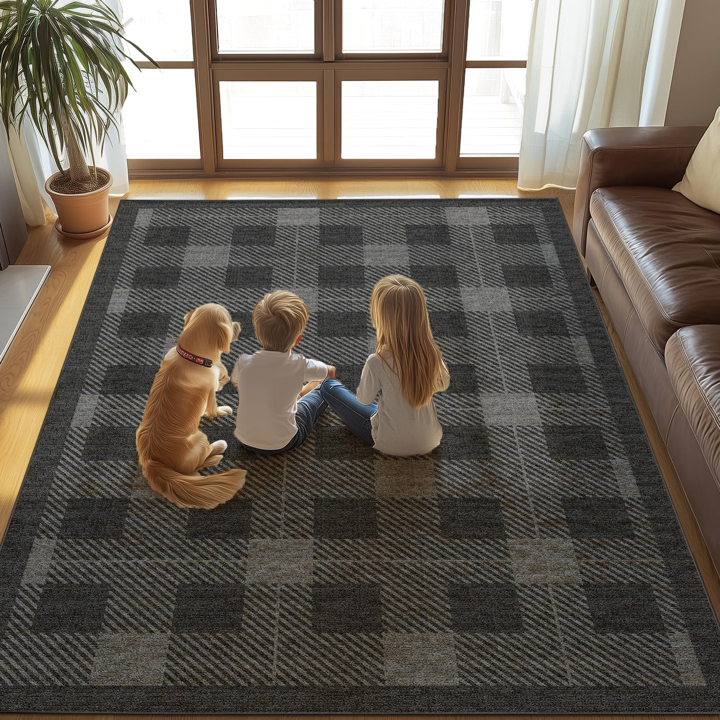 Washable 5x7 Checkered Rug for Living Room, Black Grey Checkerboard Modern Minimalist Large Foldable Area Rugs, Ultrathin Low Pile Soft Nonslip Indoor Carpet for Office Bedroom Playroom Classroom Dorm