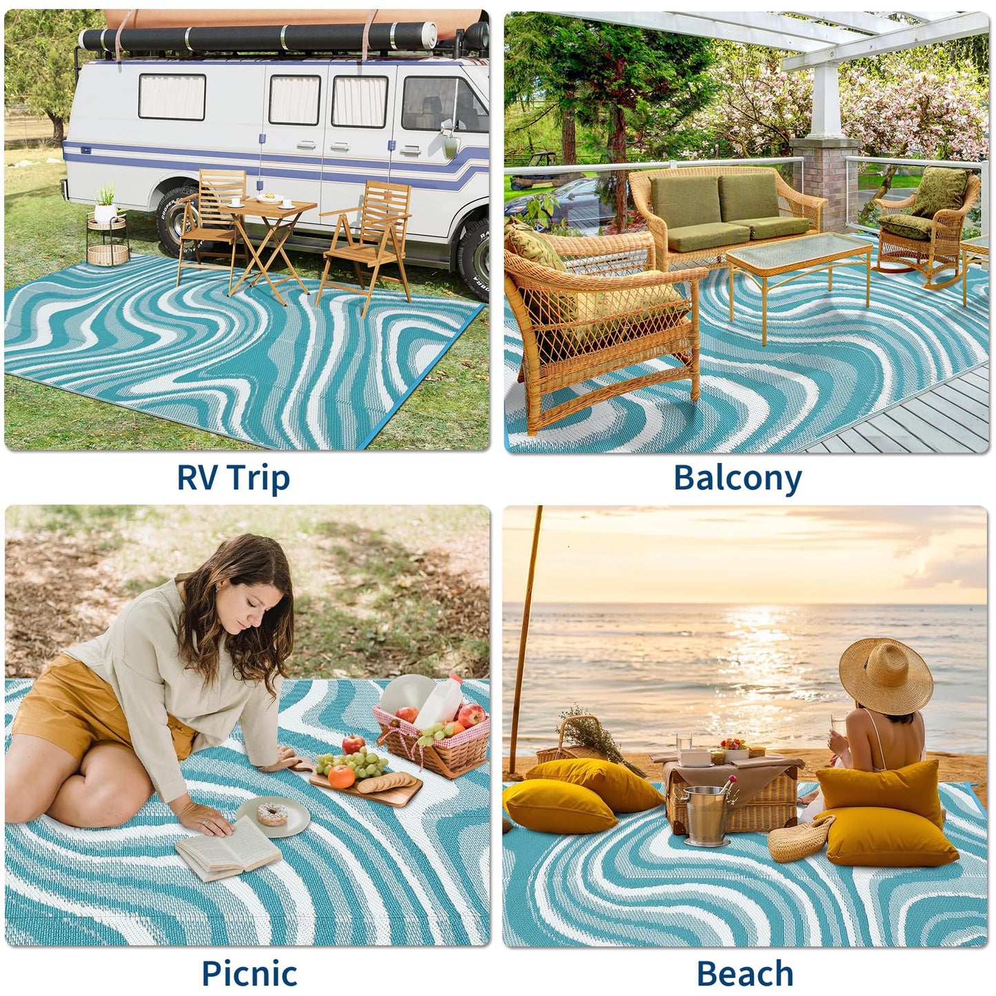 Garvee Large Modern Outdoor Rug 9x12 Patio Rugs Outdoor Waterproof Reversible Plastic Straw Camping Rug, Abstract Outside Rugs for Picnic Backyard Deck Balcony Porch Beach Trailer, Light Blue