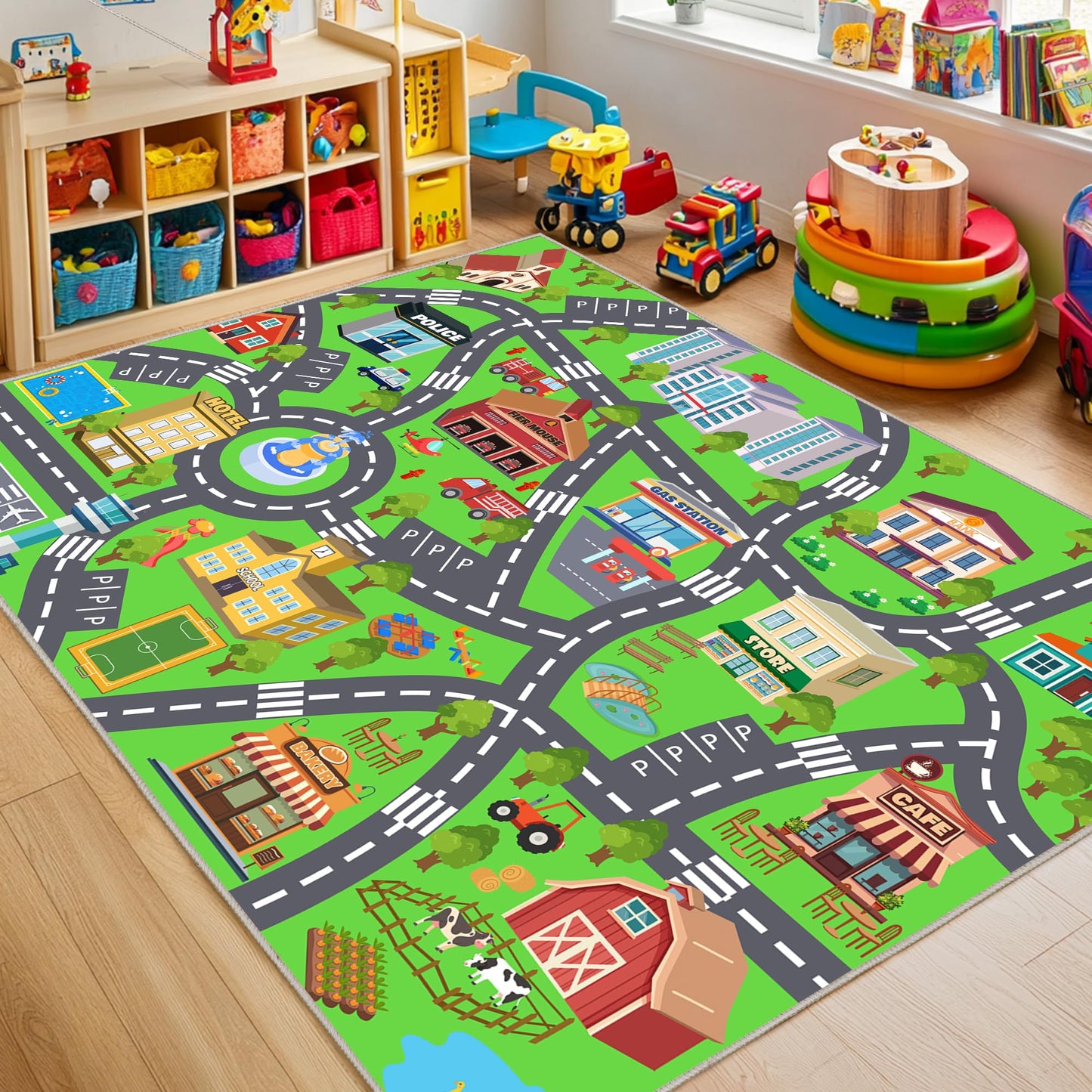 Kids Room Rug - Soft & Non-Slip 4x5 Ft Town Car Rugs City Map Play Mat, Childrens Road Carpet Washable Playmat for Classroom Nursery Bedroom Boys