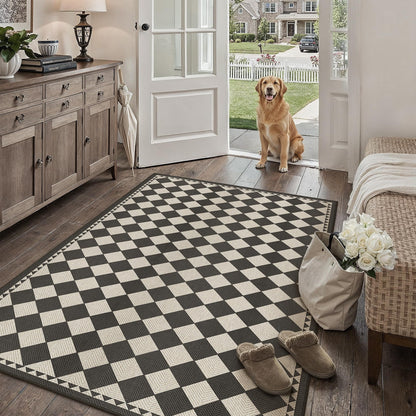 HUGEAR 5x8 Outdoor Rug Black/Beige Linen-Look Fabric Checkered Area Rug High Traffic Stain Resistant Easy Clean Durable Rugs for Indoor/Outdoor Patio Deck Balcony Porch Garden Courtyard