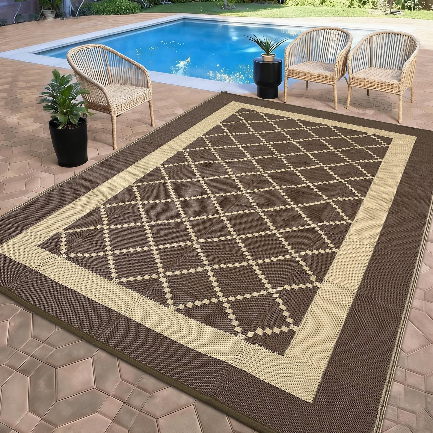 Garvee Patio Rugs Outdoor 9x18 Plastic Straw Rug Modern Reversible Camping Carpet, Waterproof Bordered Outdoor Mat with 4 Stakes and Storage Bag for RV, Picnic, Backyard, Deck, Balcony, Porch, Beach