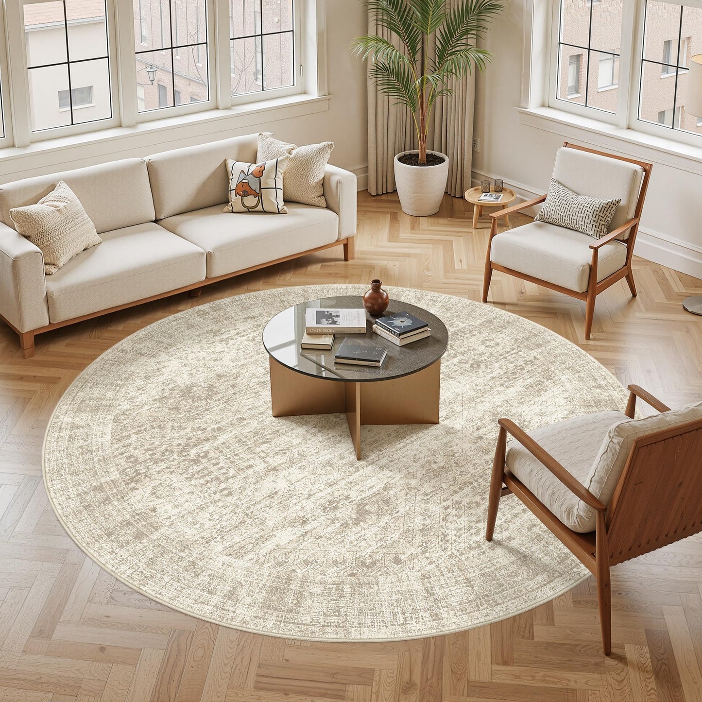 Soalmost 8x8 Beige Round Rug 8ft Living Room Circle Rug Vintage Round Area Rug Non Slip Indoor Carpet for Apartment
