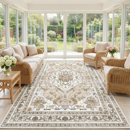 Cnythlis Large Washable Area Rug 8'x10' for Living Room, Water-Resistant, Non Slip Distressed Traditional Medallion Style Rug for Bedroom, 0.26" Low Pile, Pet Friendly Soft Faux Wool, Beige & Ivory
