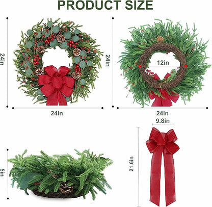 Artificial Christmas Wreath 24Inch Christmas Wreaths for Front Door Norfolk Pine Wreath with Eucalyptus Leaves Red Berries Pine Cones Red Bow for Wall Indoor Outdoor Winter Xmas Decoration