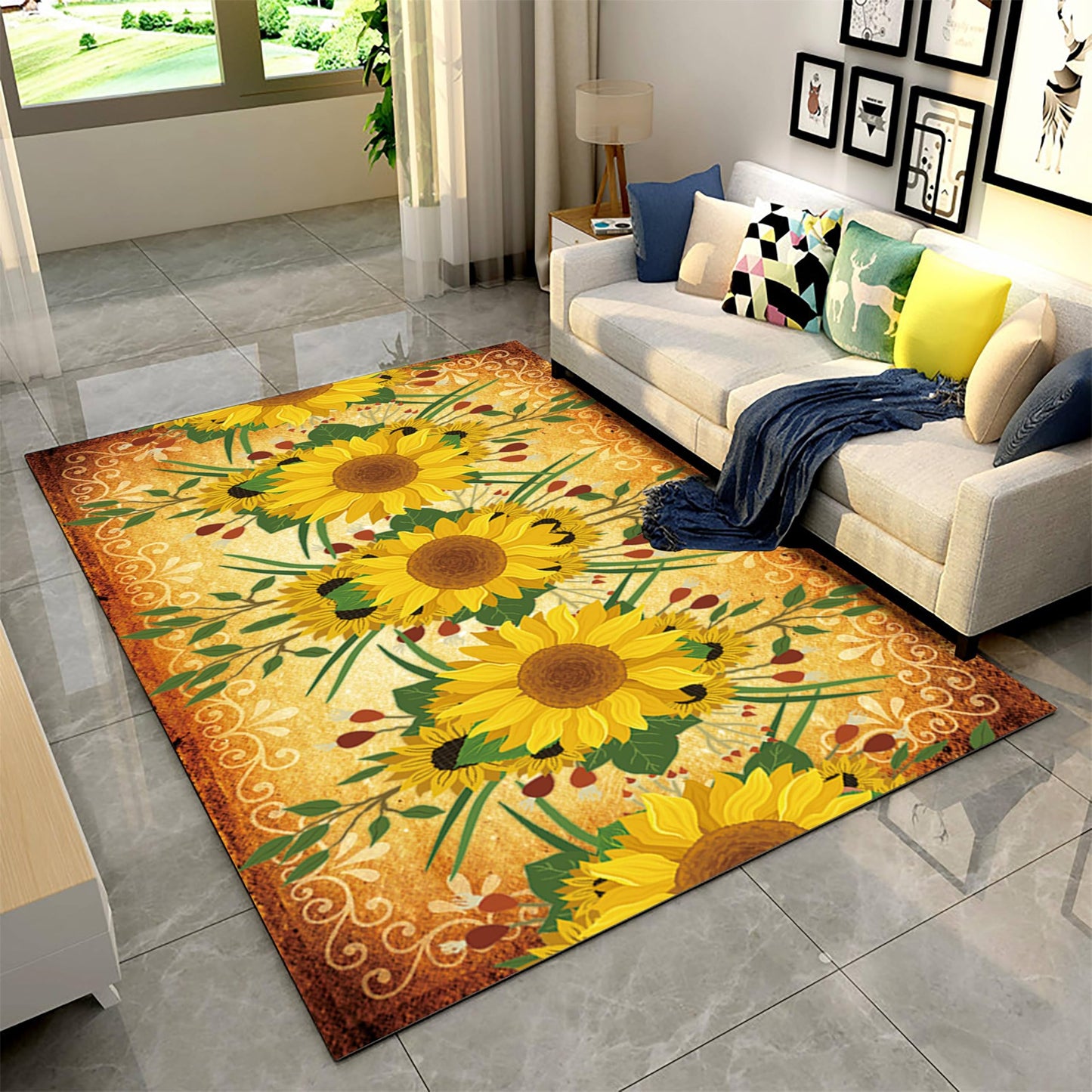 AOESELN Yellow Sunflower Area Rug,3x5ft Farmhouse Country Floral Rug, Non-Slip Washable Low Pile Soft Indoor Rug for Living Room, Bedroom, Dining Room, Office, Study, Kitchen