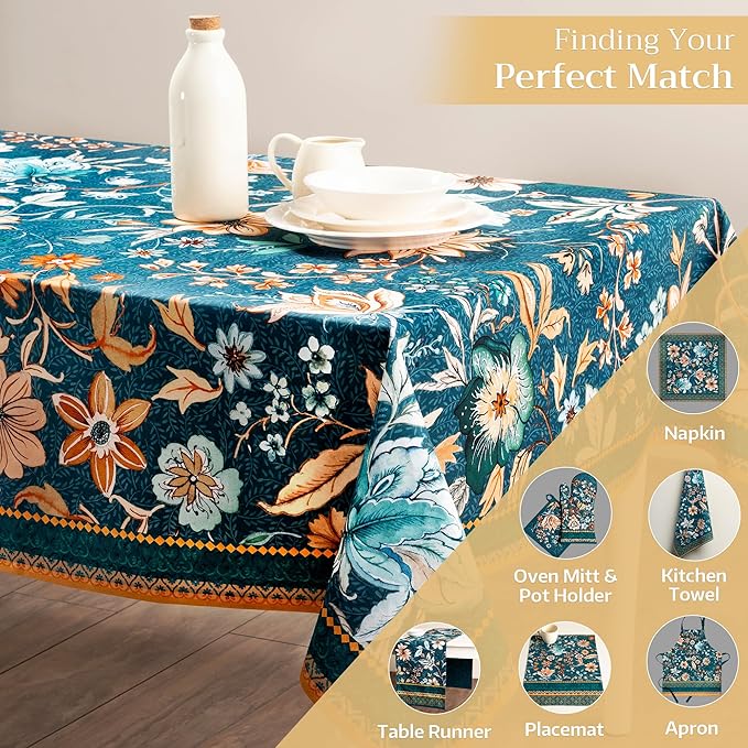 Maison d' Hermine Table Cloth Rectangle Table 100% Cotton 70 x 108 Inches Fall Tablecloth Reusable Everyday Use for Thanksgiving Christmas Decorations Dining Farmhouse Party (Luxury Loft - Dark Teal)