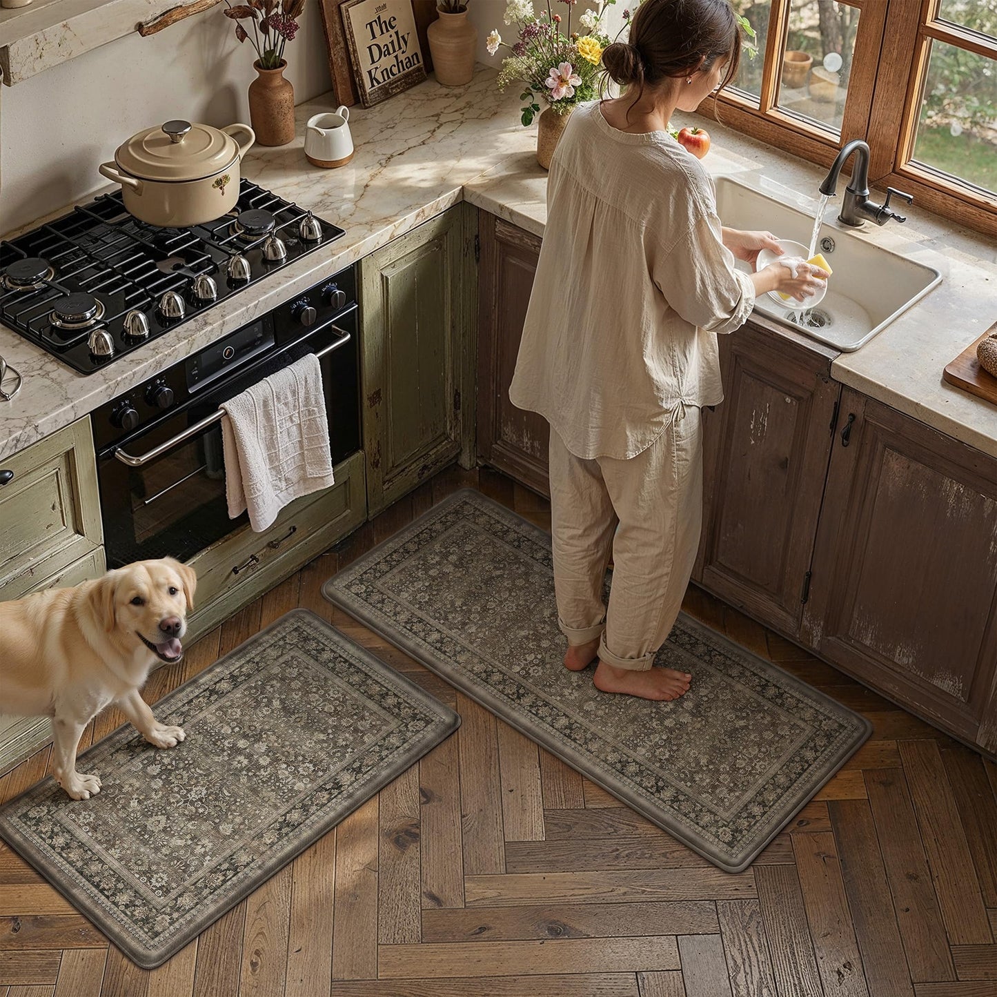 HUGEAR Kitchen Mats Set 2 PCS Brown Washable Non Slip Kitchen Runner Rug Waterproof Floral Cushioned Anti Fatigue Floor Mats for Sink Home Decor Laundry Room Office