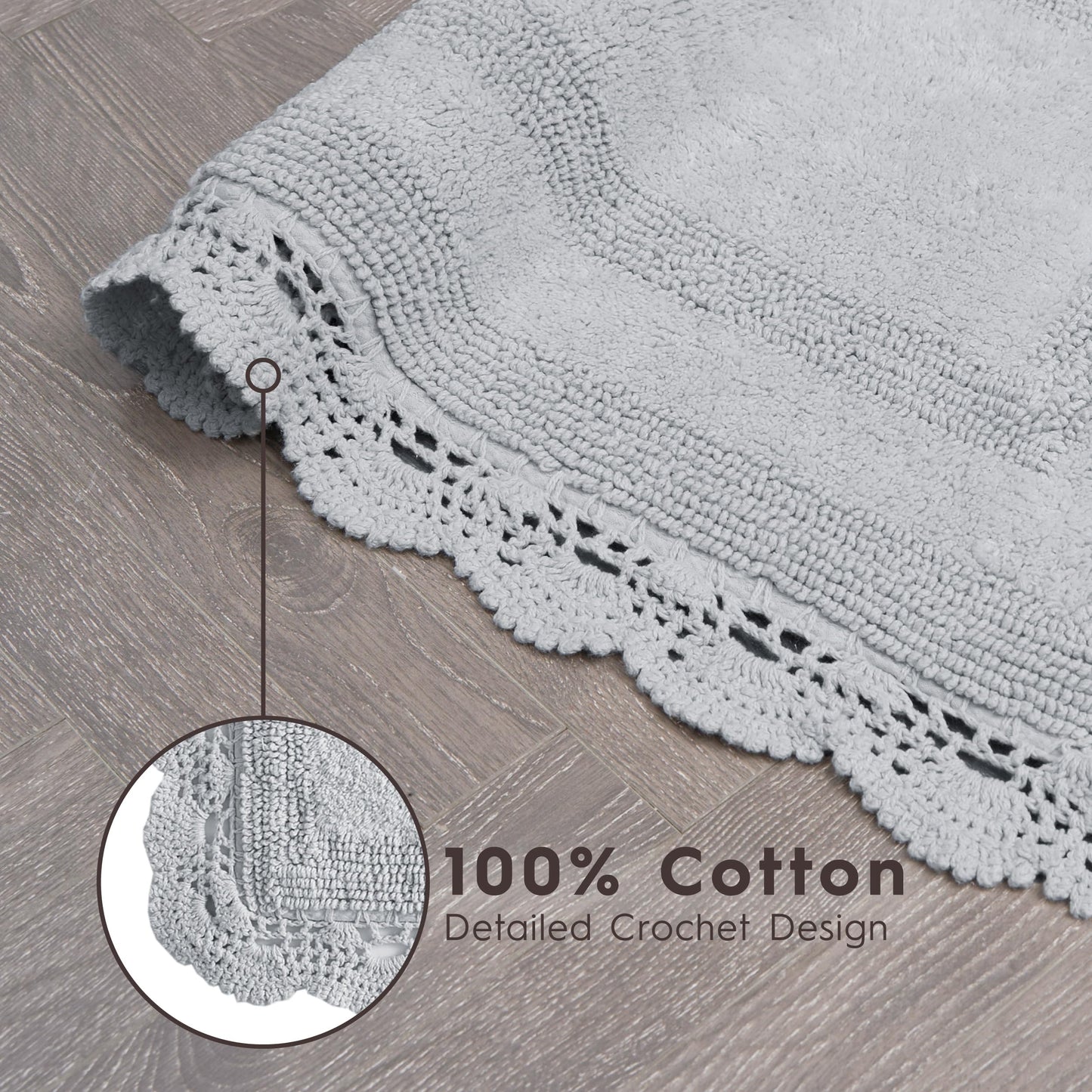 Laura Ashley Absorbent Bath Mat Reversible Crochet Soft and Plush Bathroom Mat 100% Cotton 17x24 Bath Rug, Light Grey