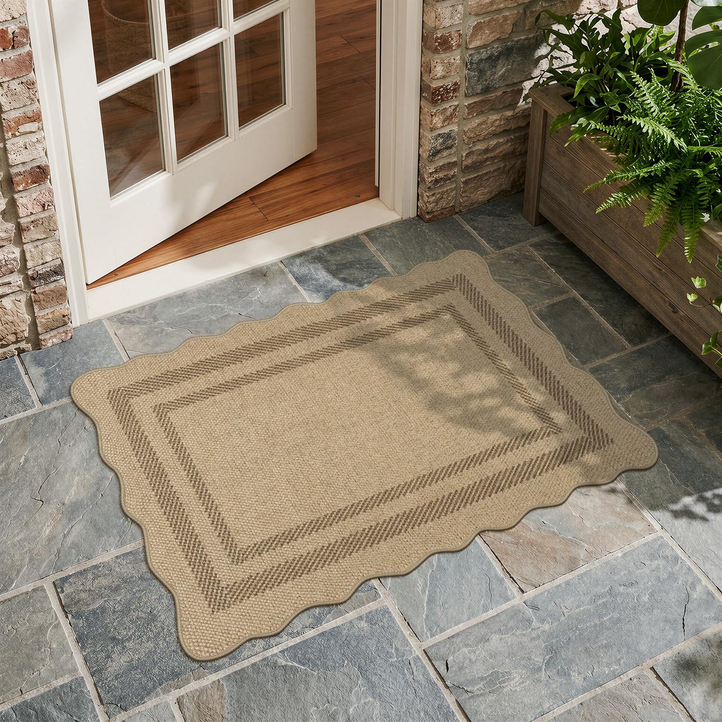 LIVEBOX Scalloped Easy Jute Kitchen Rug, 2x3 Front Door Mat Indoor Outdoor Small Entryway Rug, Washable Non Slip Farmhouse Area Rug, Tan Neutral Modern Carpet Outdoor Doormat for Porch Doorway Foyer