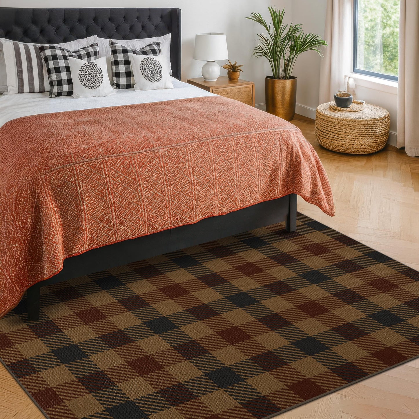5x7 Farmhouse Mudroom Rug – Washable Non Slip Large Entryway Area Rug for Back Door, Garage Entrance, Durable Indoor Outdoor Style Plaid Rug for Kitchen Dining Room, Dark Brown