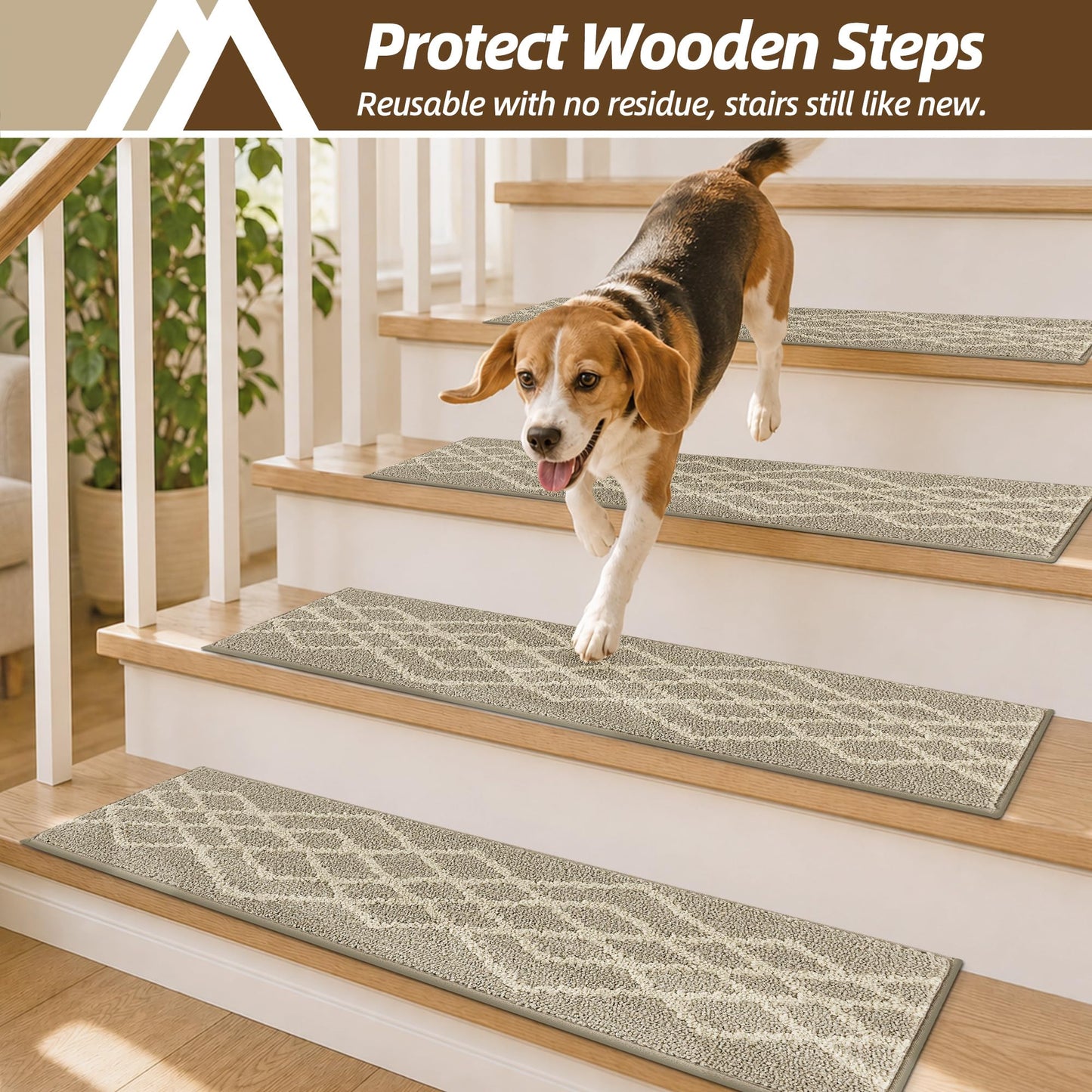 COSY HOMEER Soft Stair Treads 15pcs Non-Slip Carpet Mat 28inX9in Indoor Stair Runners for Wooden Steps,Stair Rugs for Kids and Dogs, 100% Polyester TPE Backing Beige,Rhombus